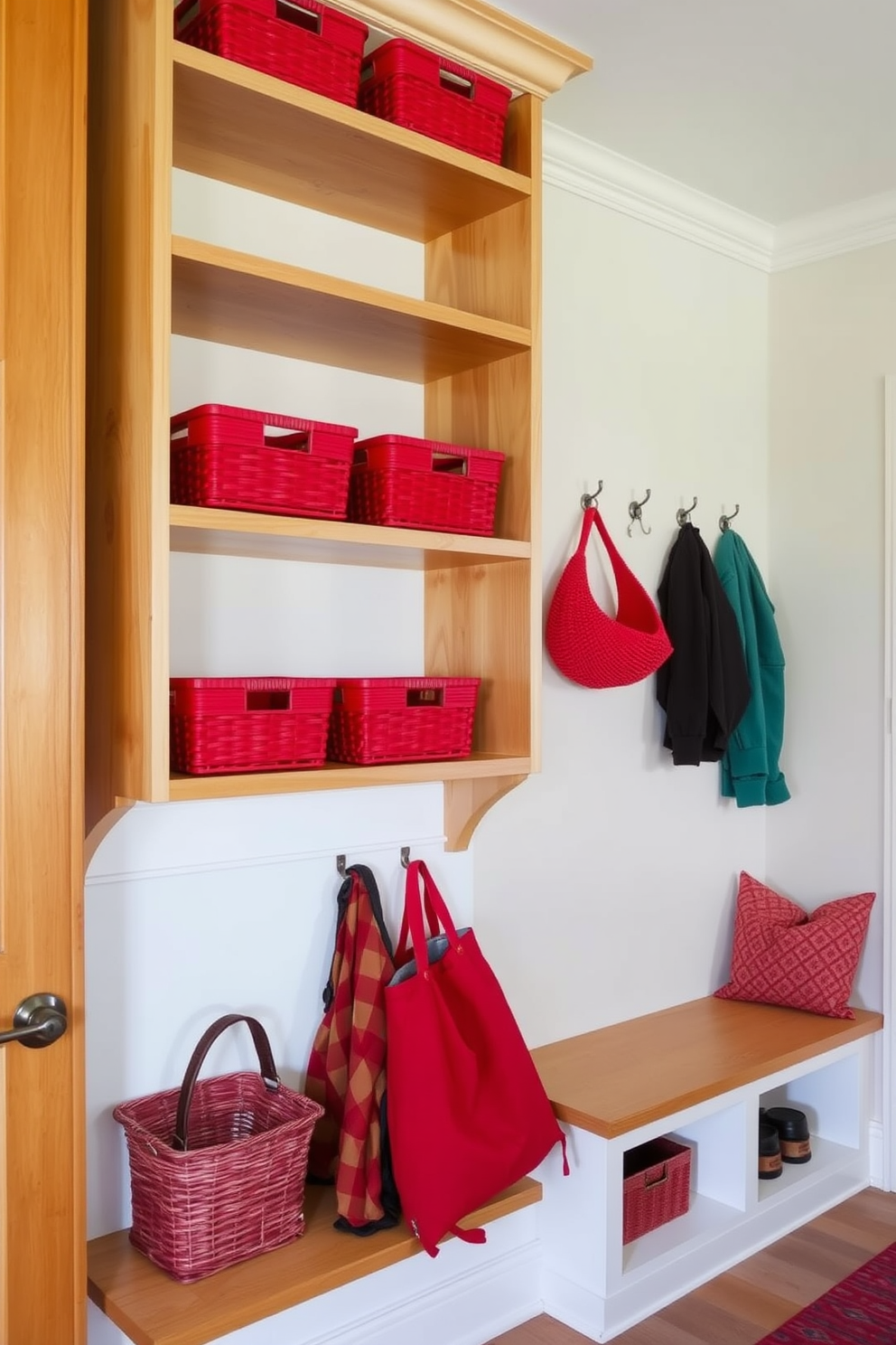 Open shelving with red baskets creates a vibrant and organized space. The shelves are made of natural wood, contrasting beautifully with the bold red baskets that add a pop of color. The mudroom features a functional layout with hooks for coats and a bench for seating. The walls are painted in a light neutral tone, enhancing the warmth of the wooden elements and the bright red accents.