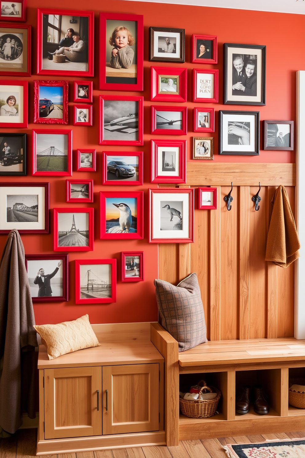 A gallery wall featuring vibrant red frames showcasing an eclectic mix of artwork, photographs, and prints. The wall is adorned with a variety of textures and styles, creating a dynamic visual experience. A functional mudroom designed with a warm color palette and rustic elements. The space includes built-in cubbies for storage, a bench for seating, and hooks for hanging coats, all accented by natural wood finishes.