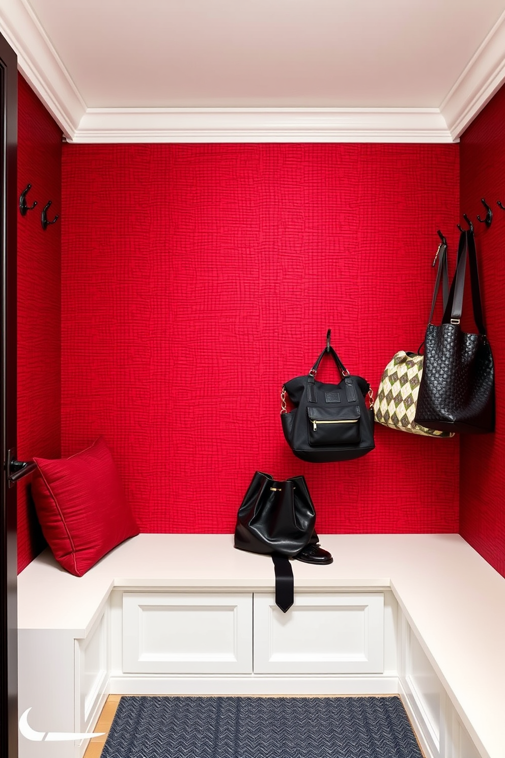 Textured red wallpaper adds a rich depth to the space, creating a warm and inviting atmosphere. The mudroom features built-in storage benches with soft cushions, complemented by hooks for hanging coats and bags.