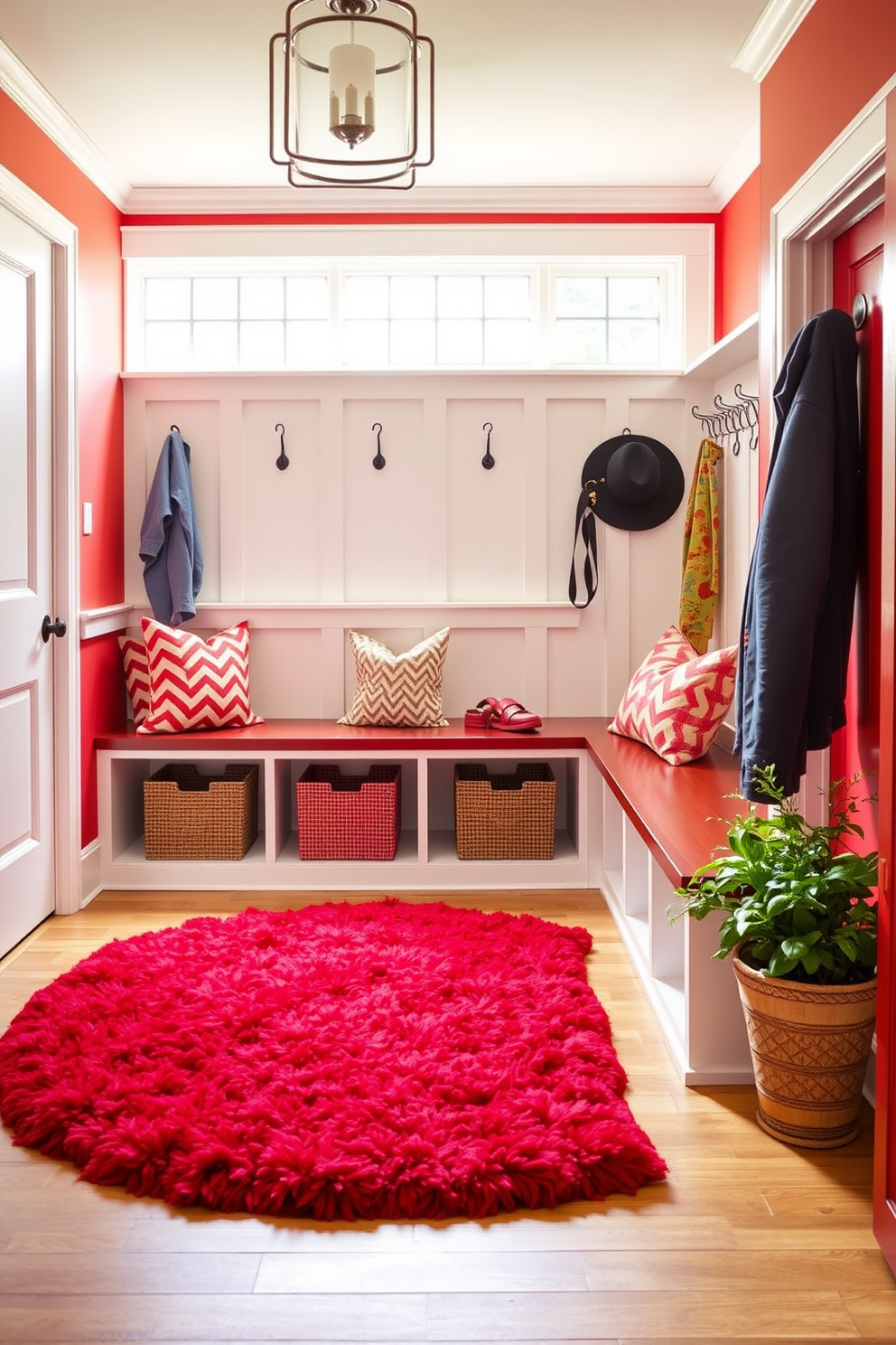 Bright red area rug for warmth. The rug is plush and inviting, adding a pop of color to the space. Red mudroom design ideas. The mudroom features built-in storage benches and hooks, creating an organized and functional entryway.