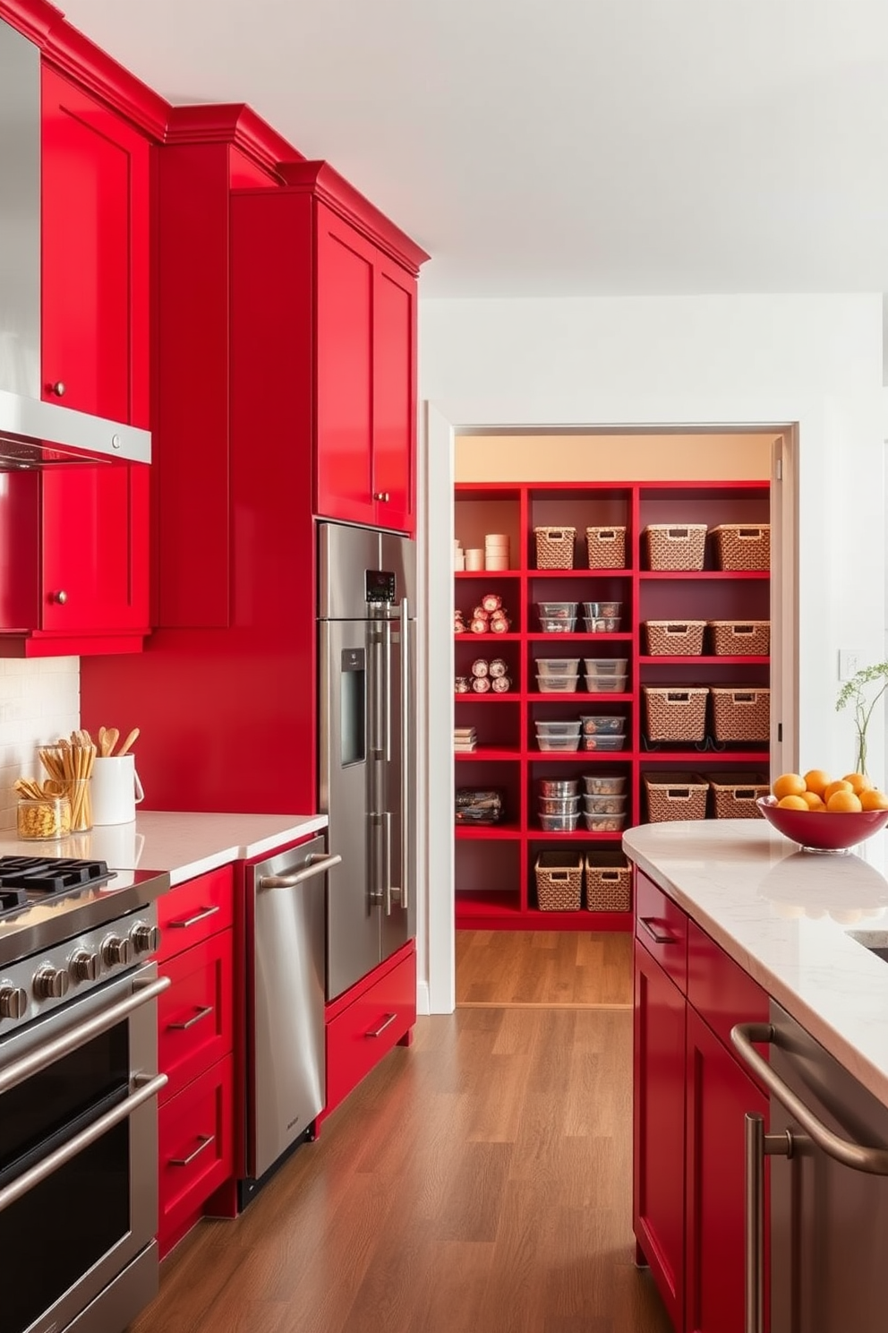 A modern kitchen featuring bold red cabinetry that adds a vibrant contrast to the sleek stainless steel appliances. The cabinetry is complemented by a white marble countertop and a stylish backsplash, creating a striking focal point. A spacious pantry designed with red shelving units that enhance the energetic feel of the kitchen. The pantry is organized with clear containers and labeled baskets, ensuring functionality while maintaining an inviting aesthetic.