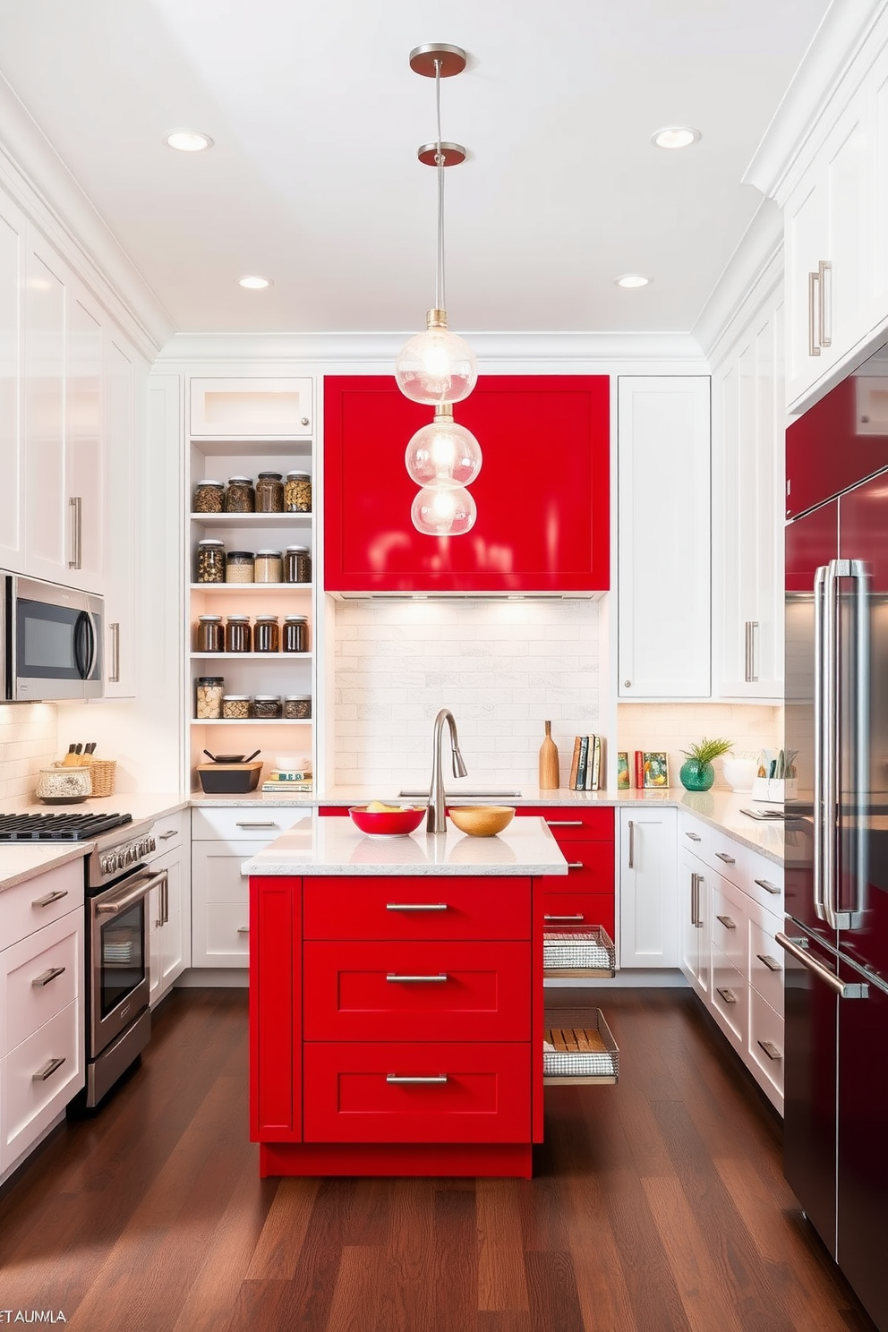 A striking red pantry island serves as a central feature in a modern kitchen, providing ample storage space and a vibrant pop of color. The island is complemented by sleek white cabinetry and stainless steel appliances, creating a harmonious balance in the design. Surrounding the pantry island are open shelves showcasing neatly organized jars and cookbooks, enhancing both functionality and aesthetics. Bright pendant lights hang above the island, illuminating the space and adding a touch of elegance to the overall design.