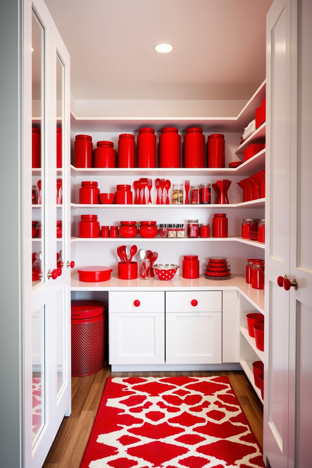 A bright and cheerful pantry filled with vibrant red accessories. Shelves are stocked with red canisters, jars, and utensils that pop against a neutral backdrop. The pantry features a sleek white cabinet with red knobs and handles. A bold red rug lies on the floor, adding warmth and fun to the space.