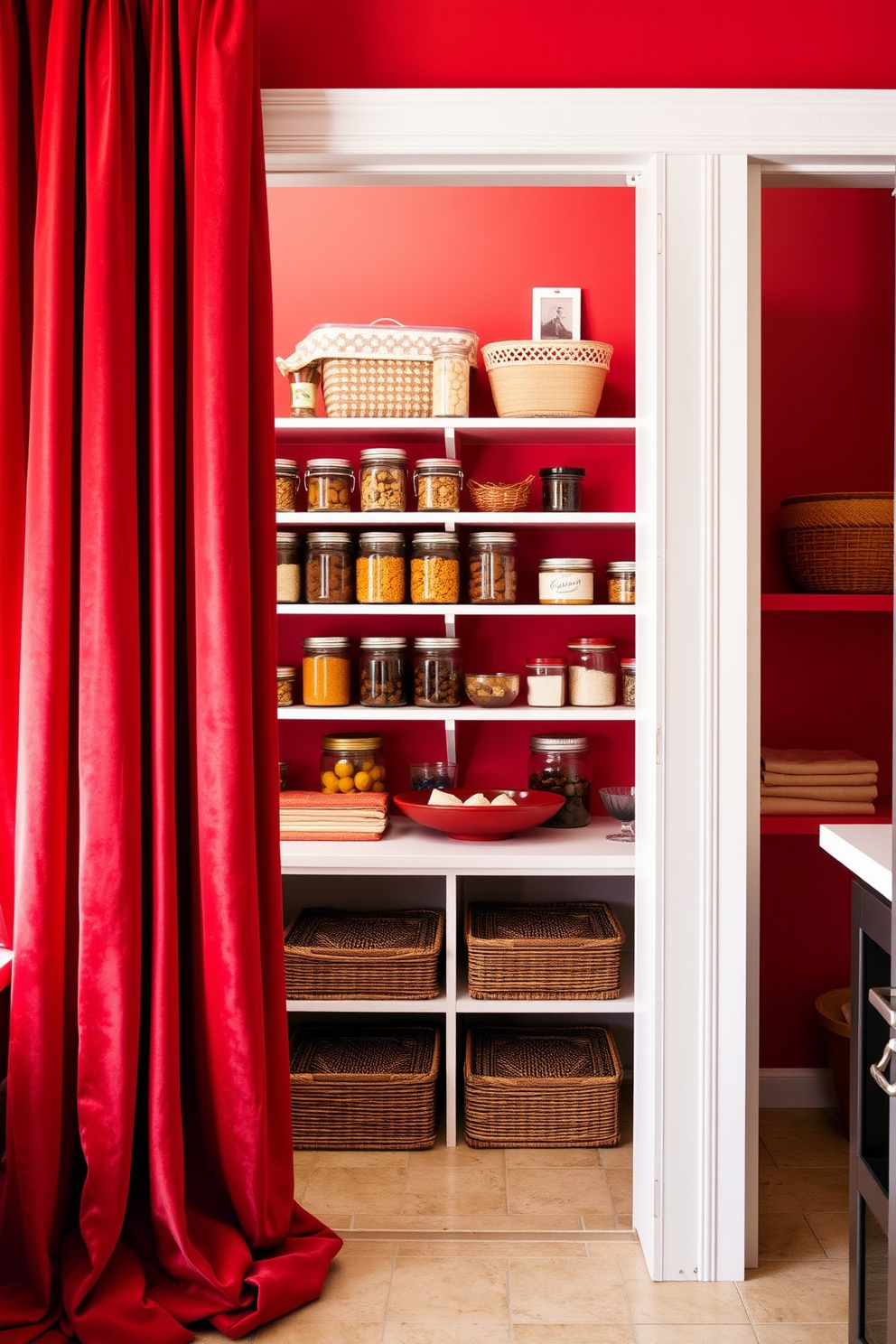 Elegant red curtains for a cozy touch. The curtains are made of rich velvet fabric with a subtle sheen, cascading down to the floor and pooling slightly at the base. Red pantry design ideas. The pantry features open shelving with neatly organized jars and baskets, complemented by a bold red accent wall that adds warmth and vibrancy to the space.