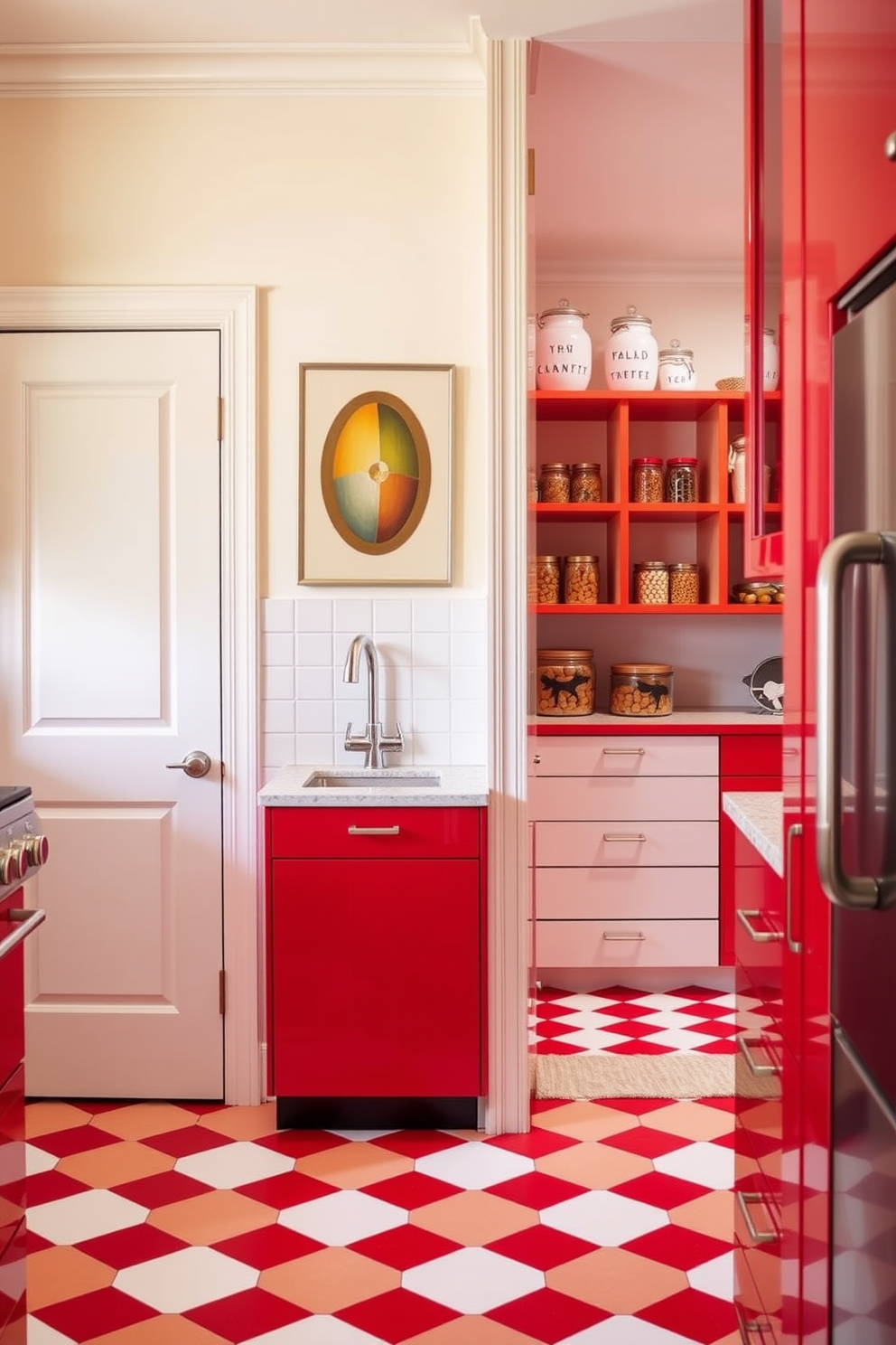 A vibrant kitchen space featuring a red and white checkerboard floor that adds a playful yet classic touch. The walls are painted in a soft cream color, complementing the bold floor and creating a warm atmosphere. A stylish pantry with sleek red cabinetry that showcases modern design elements. The pantry includes open shelving for easy access to essentials, and decorative jars add a personal touch to the space.