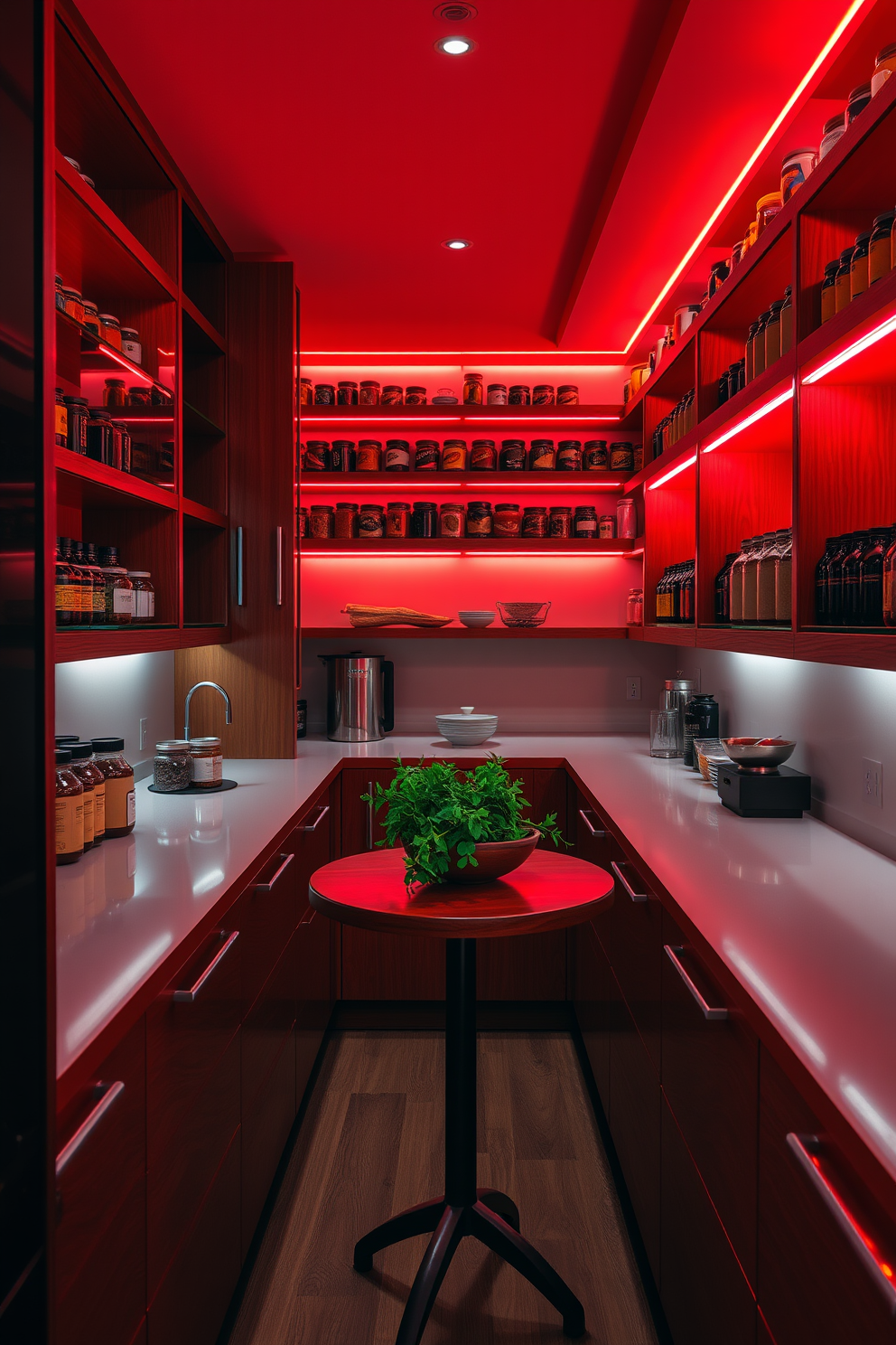 A stylish pantry illuminated by warm red lighting creates a cozy and inviting atmosphere. The walls are lined with rich wooden shelves filled with neatly arranged jars and spices, enhancing the overall aesthetic. The red lighting casts a soft glow on the sleek countertops, highlighting the pantry's modern design. A small, round table in the center is adorned with fresh herbs and a decorative bowl, adding a touch of life to the space.