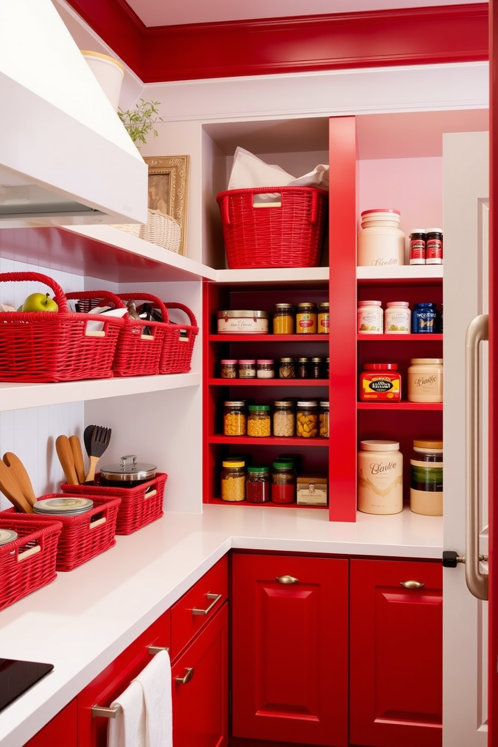 Red decorative baskets for functional decor. The vibrant red baskets are neatly arranged on open shelving, adding a pop of color to the neutral kitchen. Each basket is filled with kitchen essentials, blending practicality with style. Red pantry design ideas. The pantry features deep red cabinetry that creates a warm and inviting atmosphere. Open shelving displays colorful jars and containers, enhancing the aesthetic while keeping everything organized.