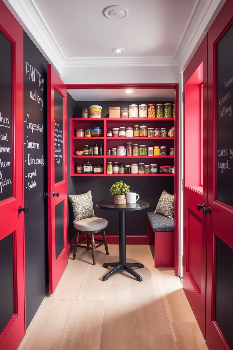 A vibrant pantry featuring red doors coated with chalkboard paint invites creativity and organization. The chalkboard surface allows for easy note-taking and meal planning, adding a fun and functional element to the space. Inside, open shelving displays colorful jars and ingredients, creating an eye-catching contrast against the bold red. A cozy seating nook with a small table provides a perfect spot for casual meals or morning coffee.