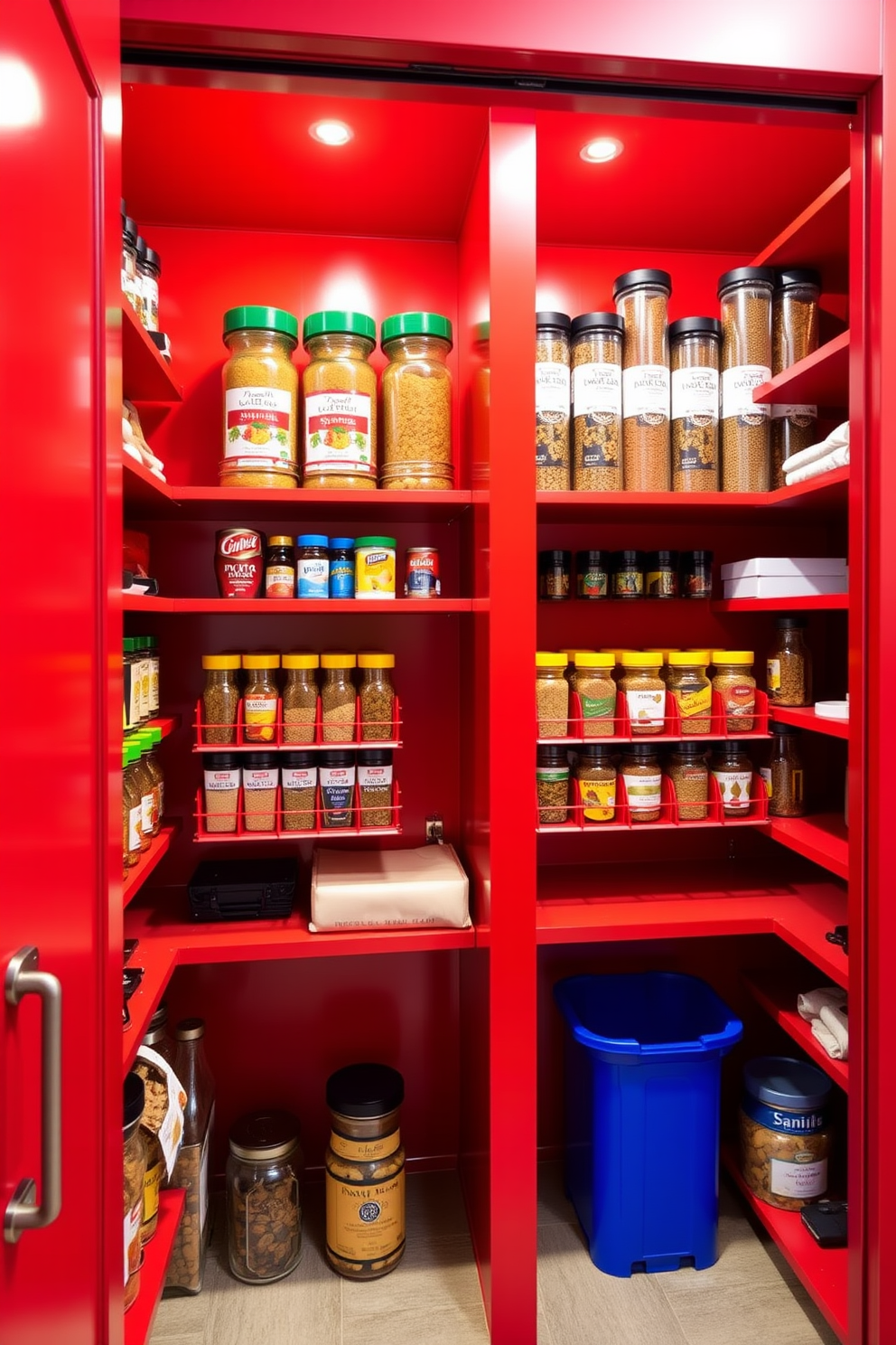 A vibrant red pantry features a sleek design with open shelving that showcases neatly organized spice racks for easy access. The bold color of the spice racks adds a pop of personality, while the overall layout maximizes storage efficiency and visual appeal.