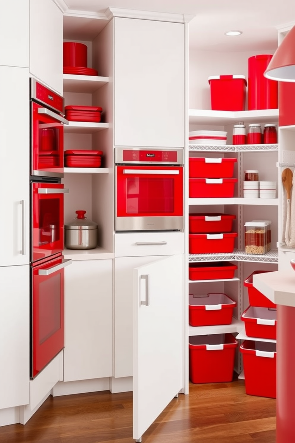 Create a vibrant kitchen setting featuring integrated red appliances that blend seamlessly with the overall design. The cabinetry is a soft white, providing a striking contrast to the bold red elements while maintaining a cohesive look throughout the space. Incorporate a spacious pantry that showcases creative design ideas with red accents. Shelving is organized and stylish, with red storage bins and containers that enhance the functionality and aesthetic appeal of the pantry.