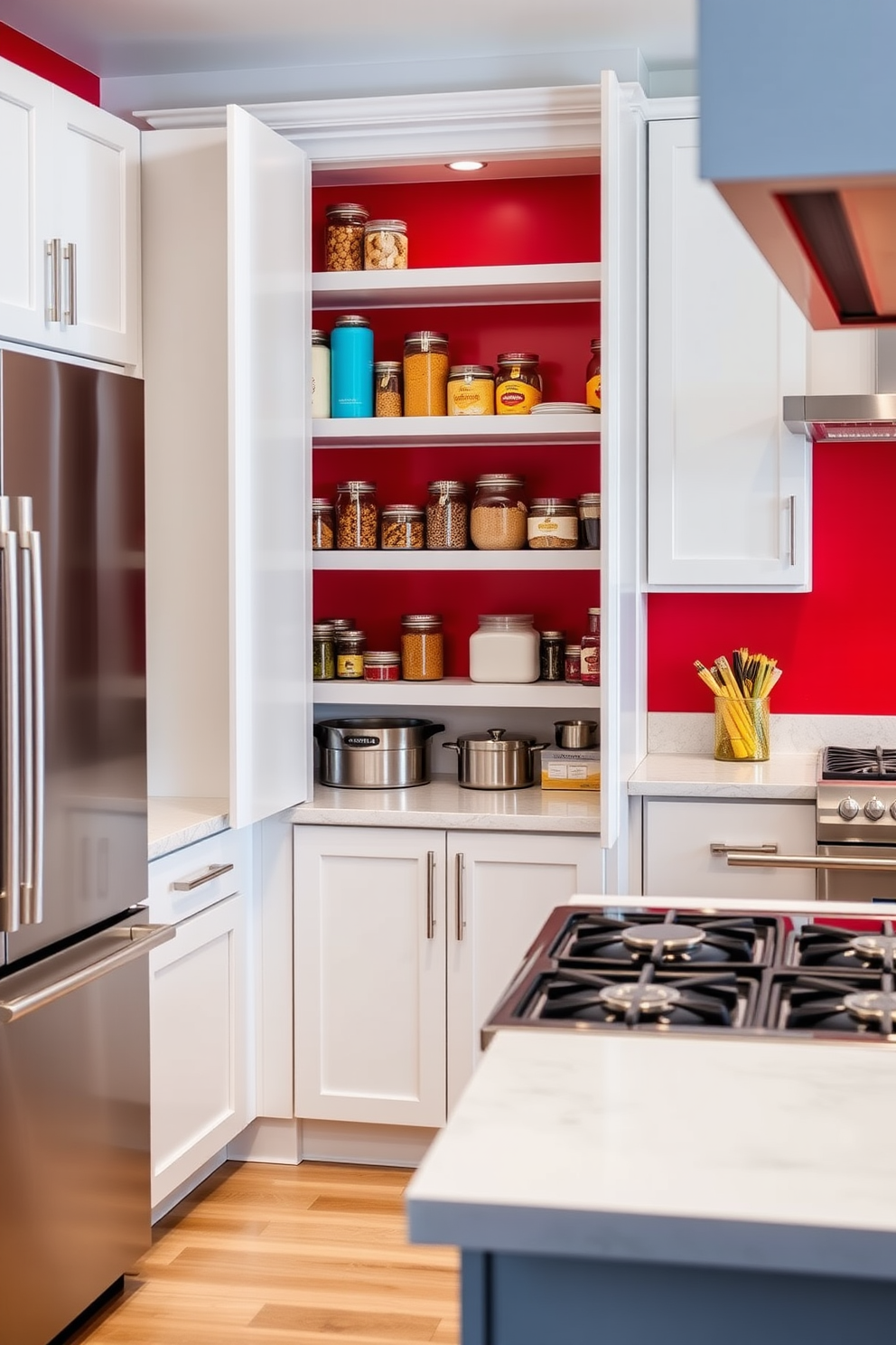 A vibrant red accent wall creates a striking focal point in the kitchen, drawing attention and enhancing the overall space. Complementing this bold choice, sleek white cabinetry and modern stainless steel appliances create a stunning contrast. For the pantry design, consider open shelving that showcases colorful jars and neatly organized ingredients. Incorporate a small countertop area for meal prep, ensuring functionality while maintaining an inviting aesthetic.