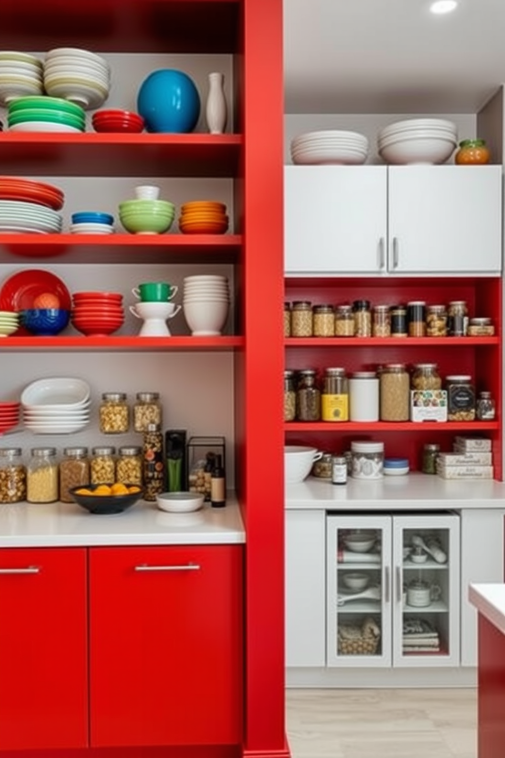 Open shelving with red accents creates a vibrant and inviting atmosphere. The shelves are filled with an array of colorful dishes and decorative items, complemented by a backdrop of bright white walls. The red pantry features sleek cabinetry with glass doors, showcasing neatly organized jars and containers. A stylish red accent wall adds warmth and character, making the space both functional and visually appealing.