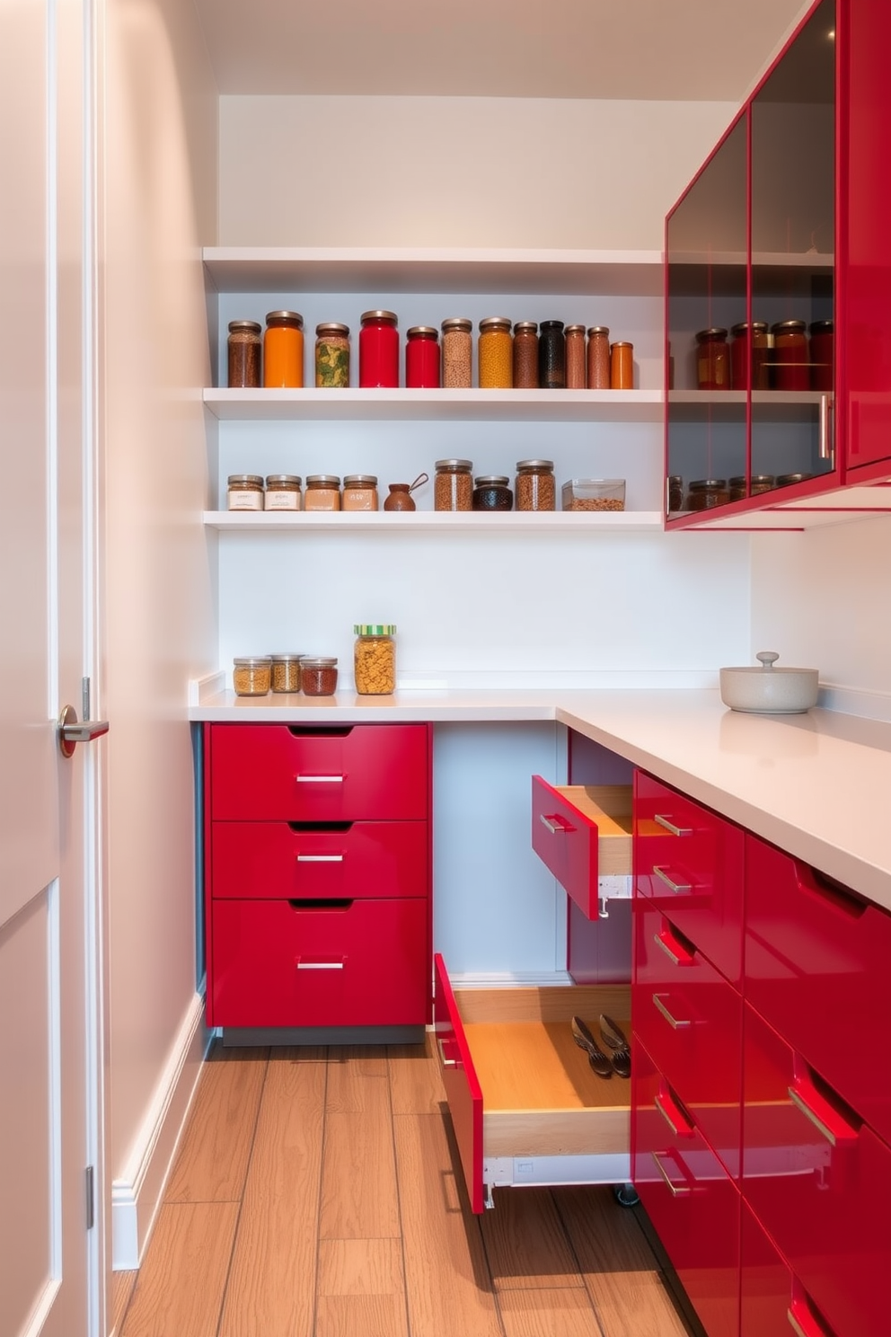 A modern pantry featuring functional red pull-out drawers for easy access and organization. The walls are painted in a soft white, creating a bright and airy atmosphere while highlighting the vibrant red of the drawers. Stylish shelves above the drawers display neatly arranged jars and containers, adding a pop of color and texture. A sleek countertop provides additional workspace, complemented by warm lighting that enhances the overall design.