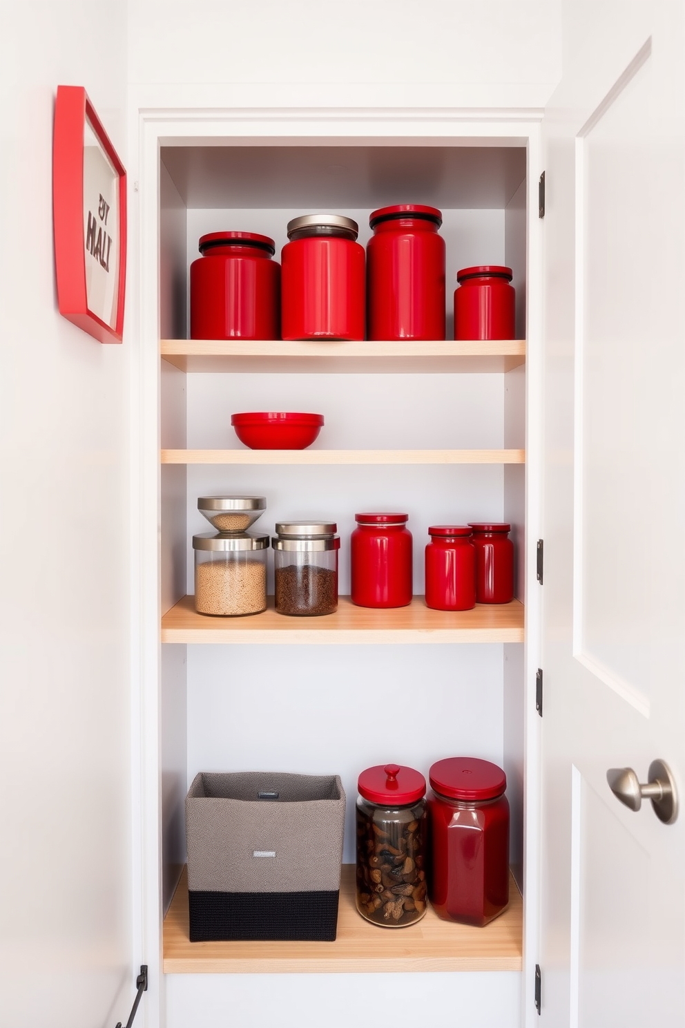 A minimalist pantry design featuring red accents. The walls are painted a crisp white, while the shelves are made of light wood and showcase vibrant red containers and jars.