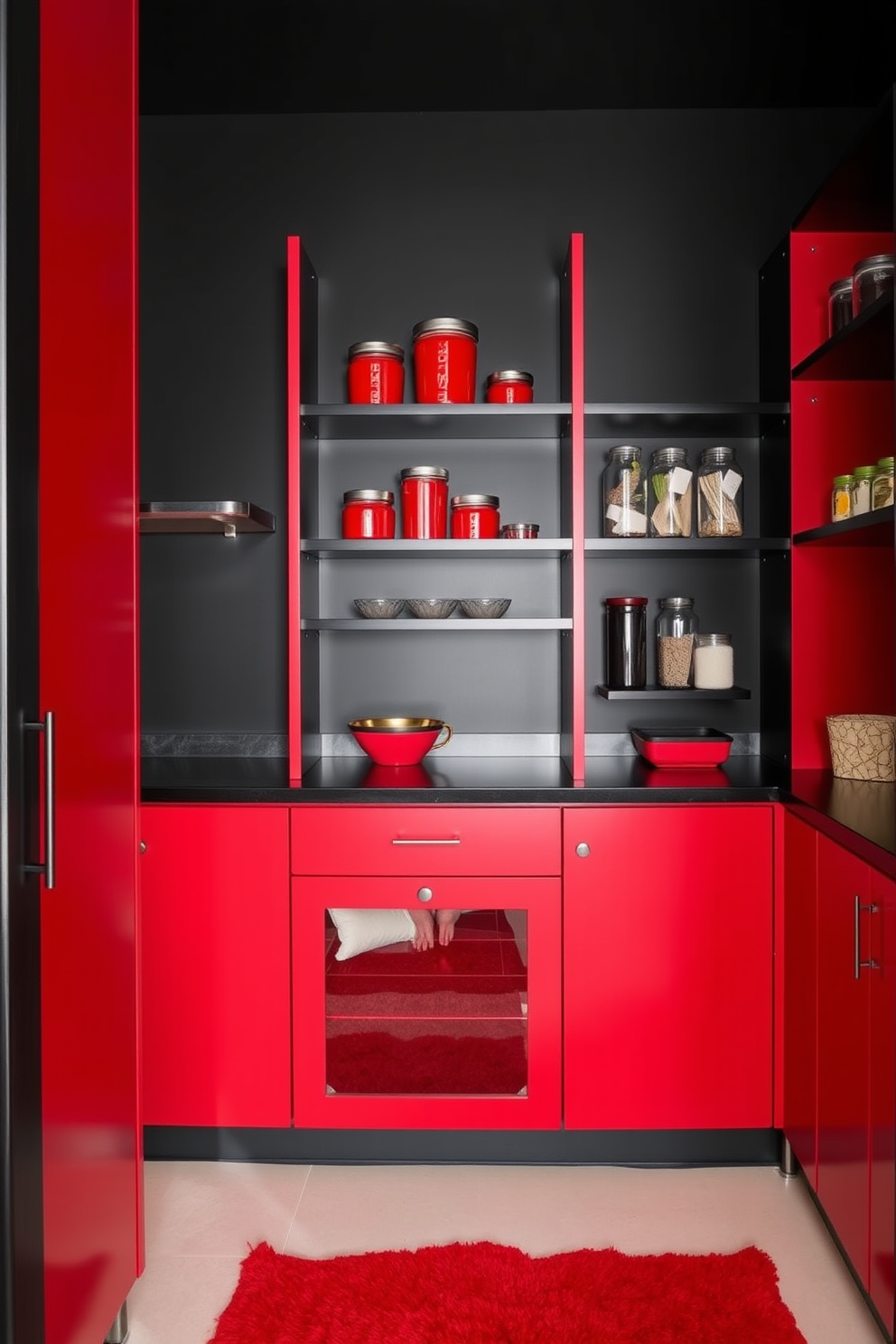 A striking pantry design featuring a contrasting black and red color scheme. The walls are painted in a deep black, while the cabinetry is a bold red, creating a dramatic and modern look. Sleek black shelves are mounted on the walls, showcasing stylish red containers and glass jars filled with pantry staples. A black countertop complements the cabinetry, and a chic red rug adds warmth to the space.