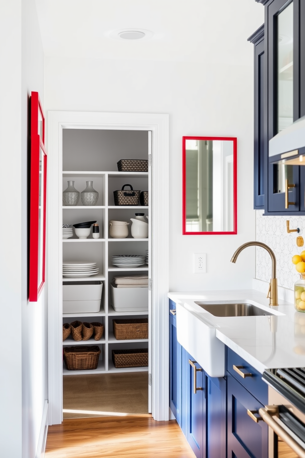 A bright and airy kitchen featuring red framed mirrors strategically placed to amplify natural light. The walls are painted in a soft white, creating a contrast that enhances the vibrant red of the mirrors. A stylish pantry design with sleek shelving and organized storage solutions. The cabinetry is painted in a rich navy blue, complemented by brass hardware and a subtle patterned backsplash.