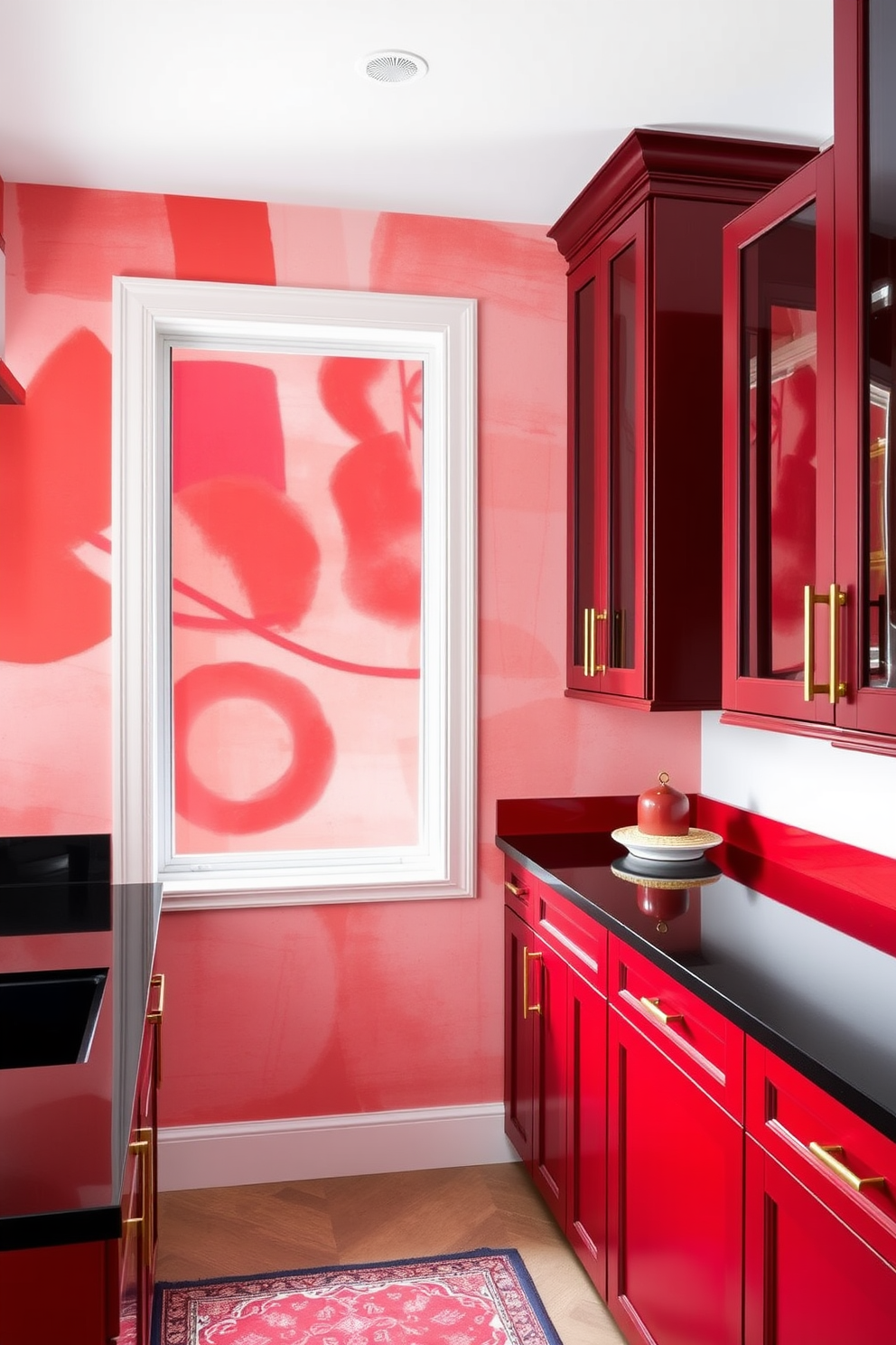 Artistic red murals for a unique flair. The walls are adorned with bold red murals featuring abstract designs that create a striking focal point in the room. Red pantry design ideas. The pantry is designed with deep red cabinetry and sleek black countertops, complemented by gold hardware for a touch of elegance.