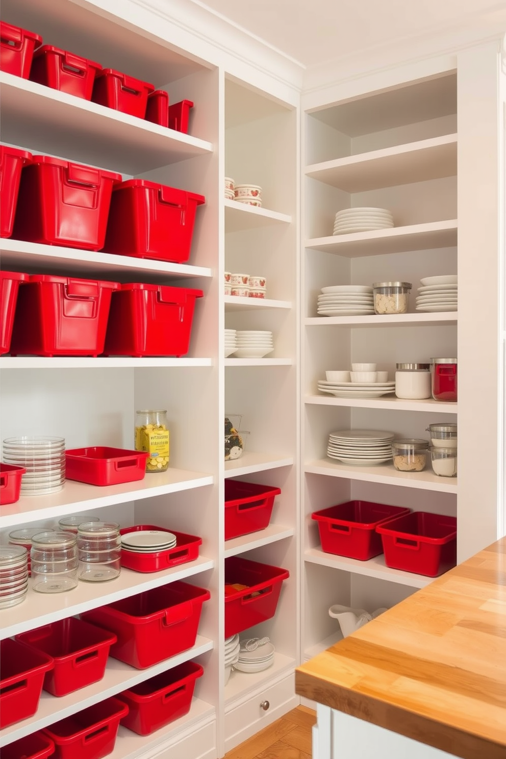 A modern pantry featuring vibrant red storage bins organized neatly on open shelves. The walls are painted in a soft white, creating a bright and airy feel, while a wooden countertop adds warmth to the space.