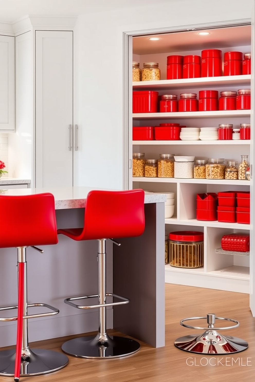 Bright red bar stools create a vibrant pop of color in a modern kitchen setting. They are paired with a sleek kitchen island topped with quartz, enhancing the overall contemporary aesthetic. The pantry features an open shelving design with bright red accents to complement the bar stools. Organized containers and glass jars line the shelves, showcasing a functional yet stylish storage solution.