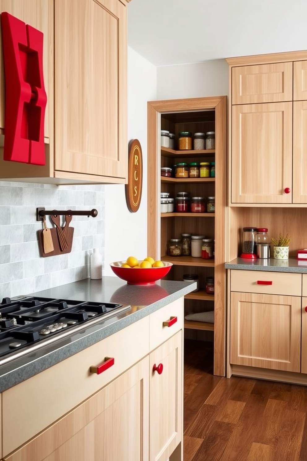 A unique red cabinet hardware piece adds a vibrant touch to the kitchen while enhancing the overall aesthetic. The bold color contrasts beautifully with neutral cabinetry, creating a focal point that draws the eye. For the pantry design, consider incorporating open shelving to showcase colorful jars and ingredients. A combination of deep red accents and natural wood elements creates a warm, inviting space that is both functional and stylish.