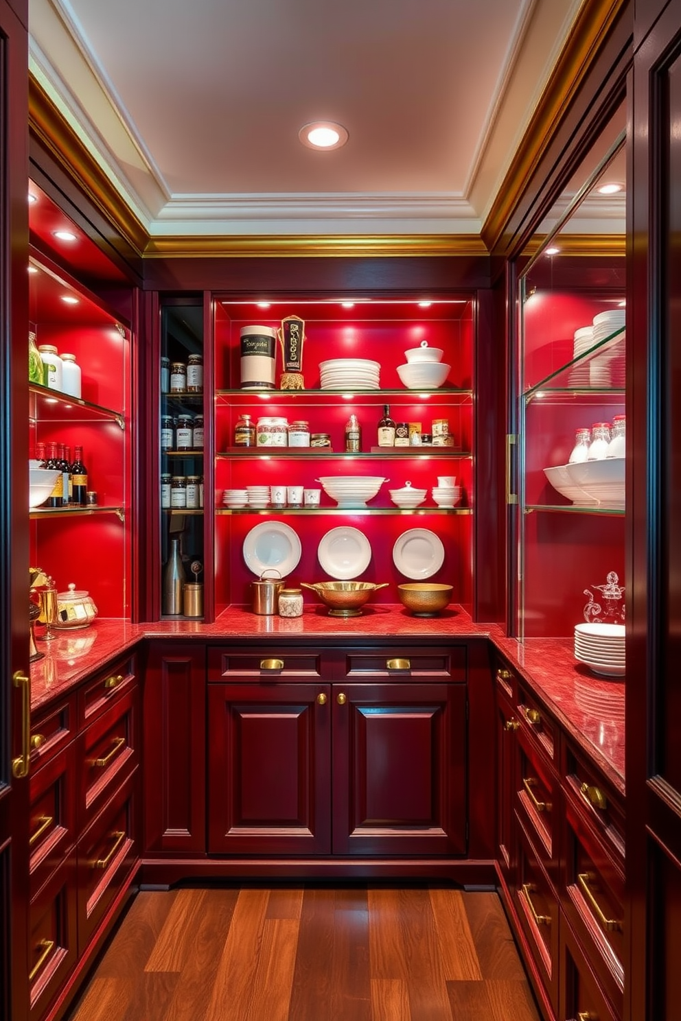 A luxurious pantry designed with a red and gold color scheme. The walls are painted a deep crimson, accented by golden shelving that displays an array of gourmet ingredients and fine china. The cabinetry features rich mahogany with gold hardware, providing an elegant contrast. Soft ambient lighting highlights the intricate details of the design, creating a warm and inviting atmosphere.