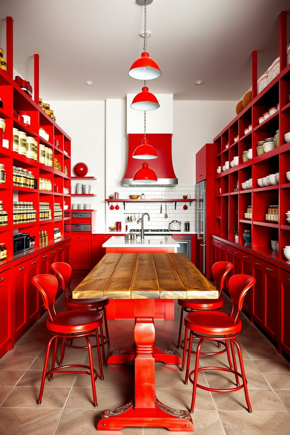 An open concept pantry featuring vibrant red elements creates a striking focal point in the kitchen. The shelves are stocked with neatly organized jars and containers, while a red island provides additional workspace. The walls are painted in a soft white to contrast with the bold red accents. A rustic wooden table in the center invites casual dining, complemented by red bar stools that enhance the overall design.