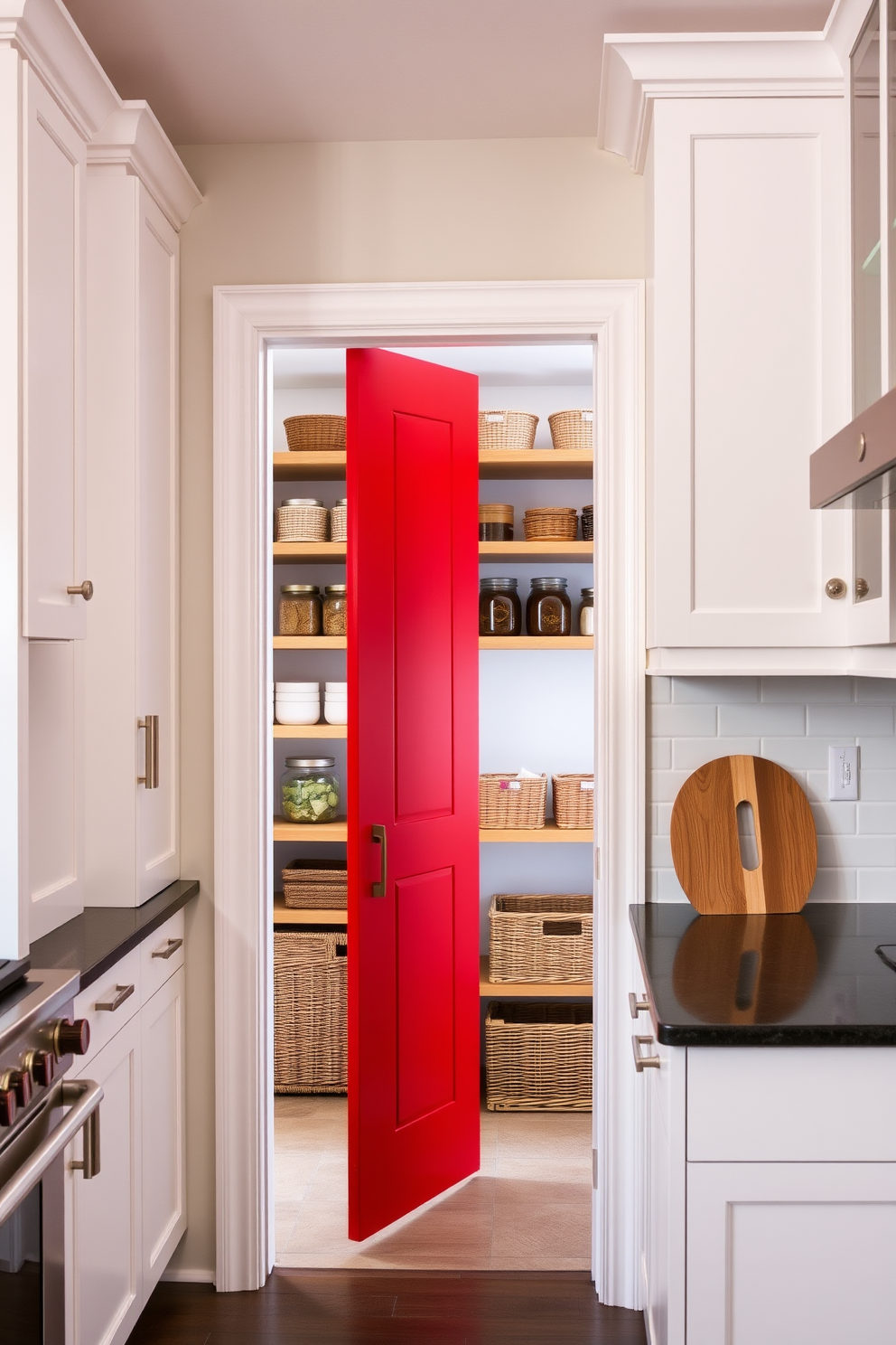 A vibrant red pantry door serves as a striking focal point in a modern kitchen. The surrounding cabinetry is a soft white, creating a fresh contrast that highlights the bold color. Inside the pantry, open shelving displays neatly organized jars and baskets, adding both functionality and style. The warm wooden accents on the shelves complement the red door, enhancing the inviting atmosphere of the space.