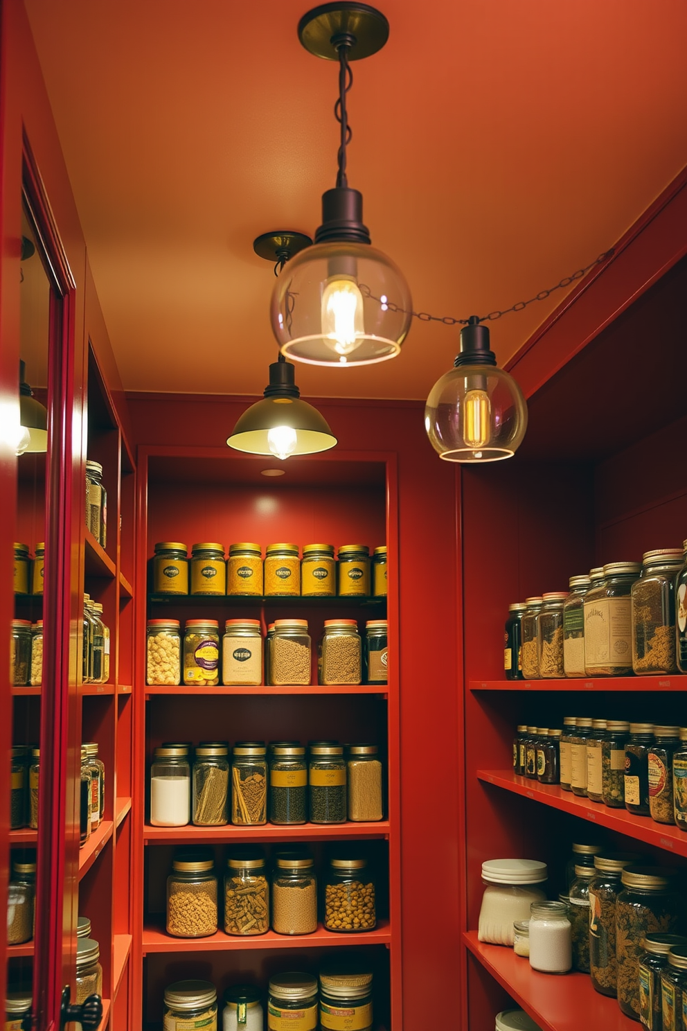 A vibrant red pantry featuring stylish lighting fixtures that create a warm and inviting atmosphere. The shelves are filled with neatly organized jars and containers, showcasing a blend of modern and rustic design elements.