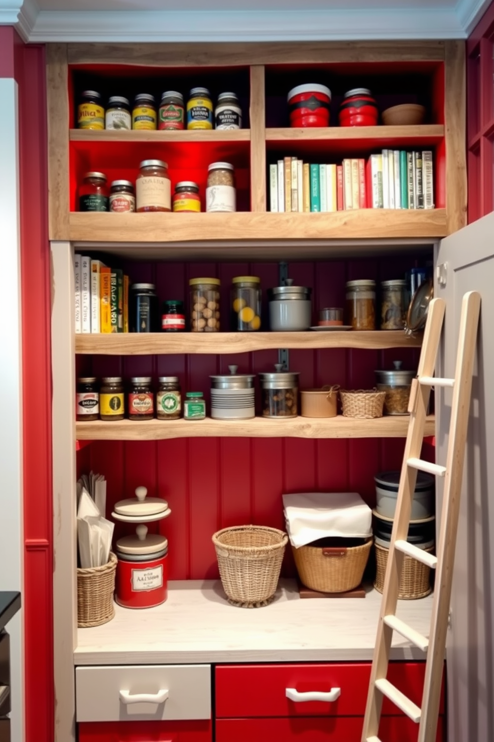 A cozy kitchen featuring rustic wooden shelves adorned with vibrant red highlights. The shelves are filled with an array of colorful jars, spices, and cookbooks, creating a warm and inviting atmosphere. The pantry showcases a charming red design with white accents and ample storage space. Vintage-style containers and baskets are organized neatly, while a small wooden ladder leans against the shelves for easy access.