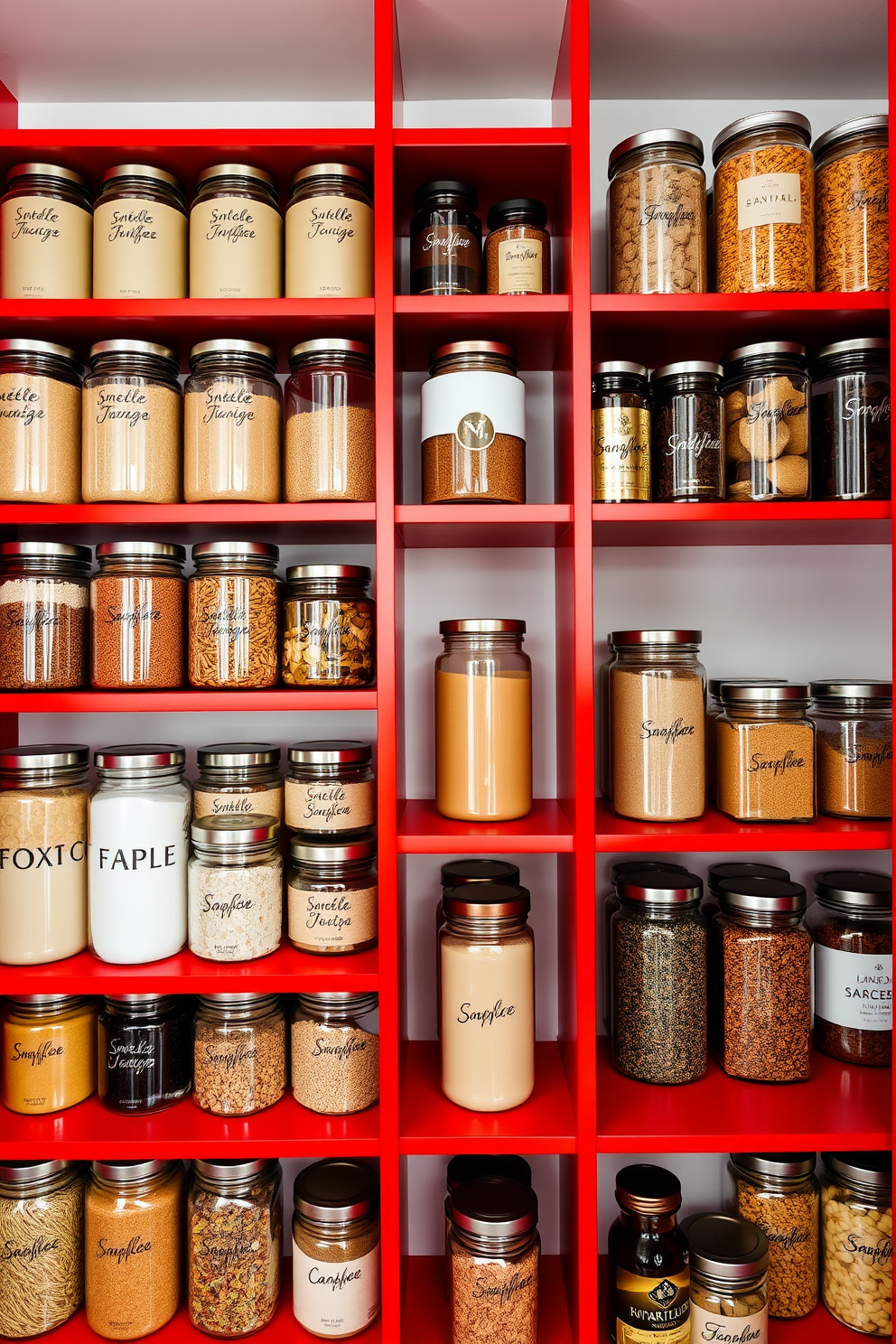 A vibrant red pantry featuring sleek red shelves filled with an array of glass jars for organized storage. The jars are labeled with elegant black typography, showcasing a variety of dry goods and spices, creating a visually appealing and functional space.