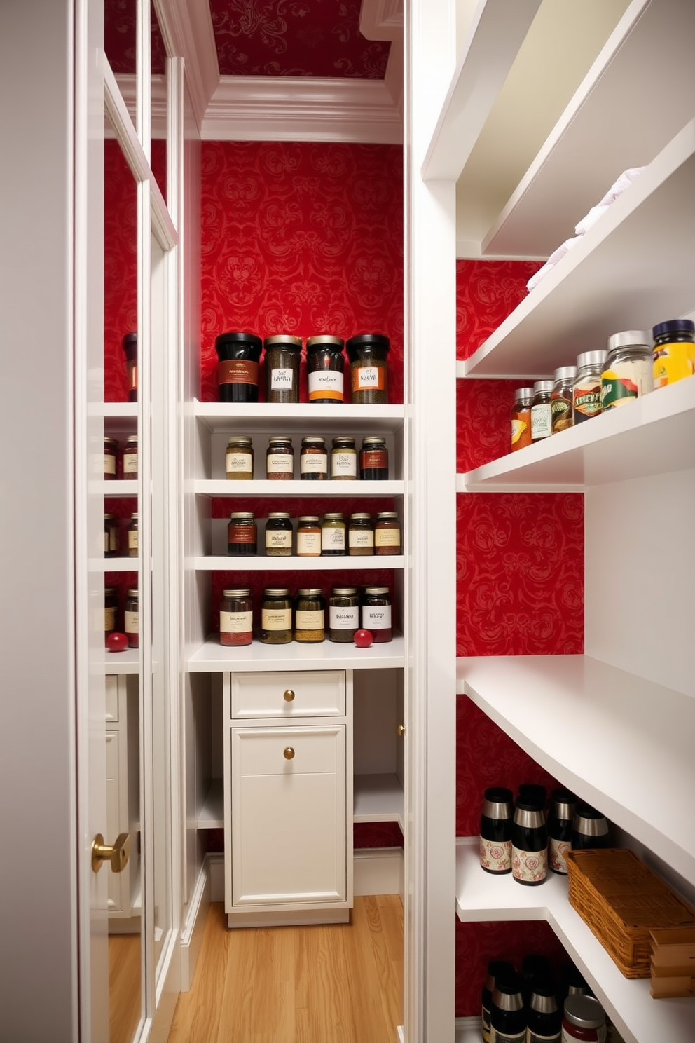 A luxurious pantry space featuring bold red wallpaper adorned with intricate white trim. The cabinetry is sleek and modern, complemented by bright white shelving that showcases neatly organized jars and spices.