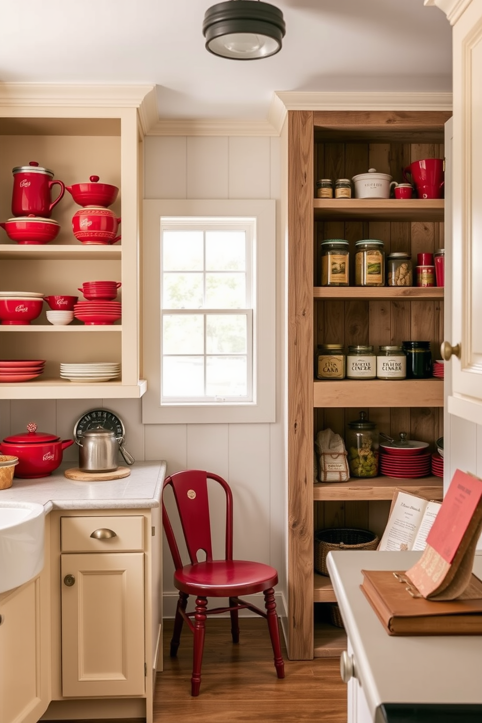 A charming kitchen featuring vintage red kitchenware arranged on open shelves. The cabinetry is painted in a soft cream color, providing a warm contrast to the vibrant red accents. The pantry is designed with rustic wooden shelves, showcasing an array of jars and containers. A cozy reading nook is integrated into the pantry space, complete with a small table and a vintage chair.