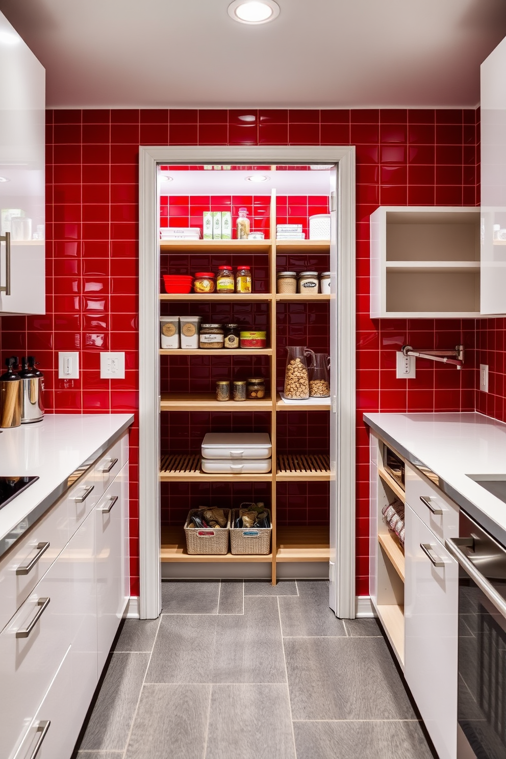 A striking kitchen features a bold red tile backsplash that adds a vibrant touch to the space. The cabinetry is sleek and modern, complementing the rich color of the tiles. The pantry design showcases innovative storage solutions with open shelving and organized compartments. Bright lighting illuminates the area, enhancing the functionality and aesthetic appeal of the pantry.