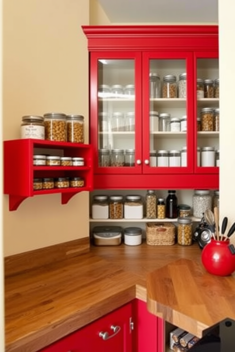 A vibrant kitchen pantry featuring red cabinetry that contrasts beautifully with neutral beige walls. The shelves are filled with neatly organized jars and containers, creating an inviting and functional space. The pantry includes a rustic wooden countertop that complements the red tones while providing a practical workspace. Soft lighting highlights the rich colors and textures, making the area feel warm and welcoming.