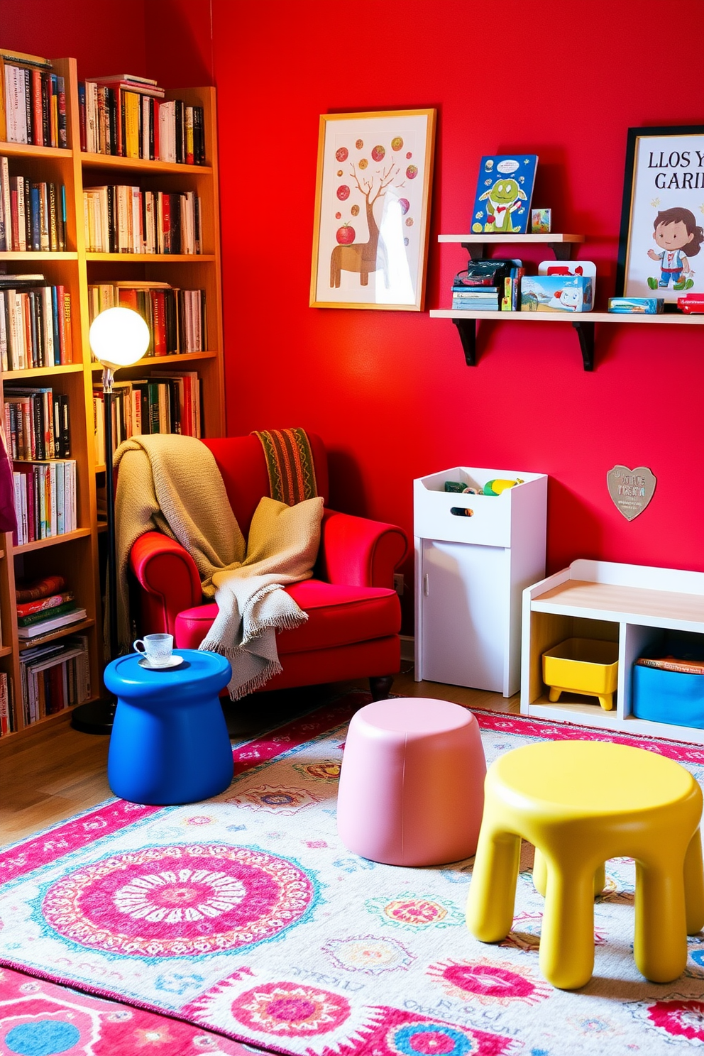 Cozy reading nook with red accents. A plush armchair in deep red sits in the corner, surrounded by shelves filled with books. A soft throw blanket drapes over the armrest, and a small side table holds a steaming cup of tea. Warm lighting from a nearby floor lamp creates an inviting atmosphere for relaxation. Red playroom design ideas. Bright red walls energize the space, while colorful rugs define play areas. A low table surrounded by playful stools invites creativity, and wall-mounted shelves display toys and games. Fun artwork featuring playful themes adds a cheerful touch to the room.