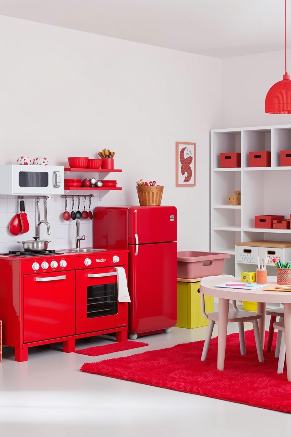 A vibrant red play kitchen designed for imaginative role-playing. The kitchen features a miniature stove, sink, and refrigerator, all in a glossy red finish, complemented by playful accessories like pots and pans. A cozy playroom filled with red accents to stimulate creativity and fun. The space includes a soft red rug, colorful storage bins, and a small table with chairs for arts and crafts activities.