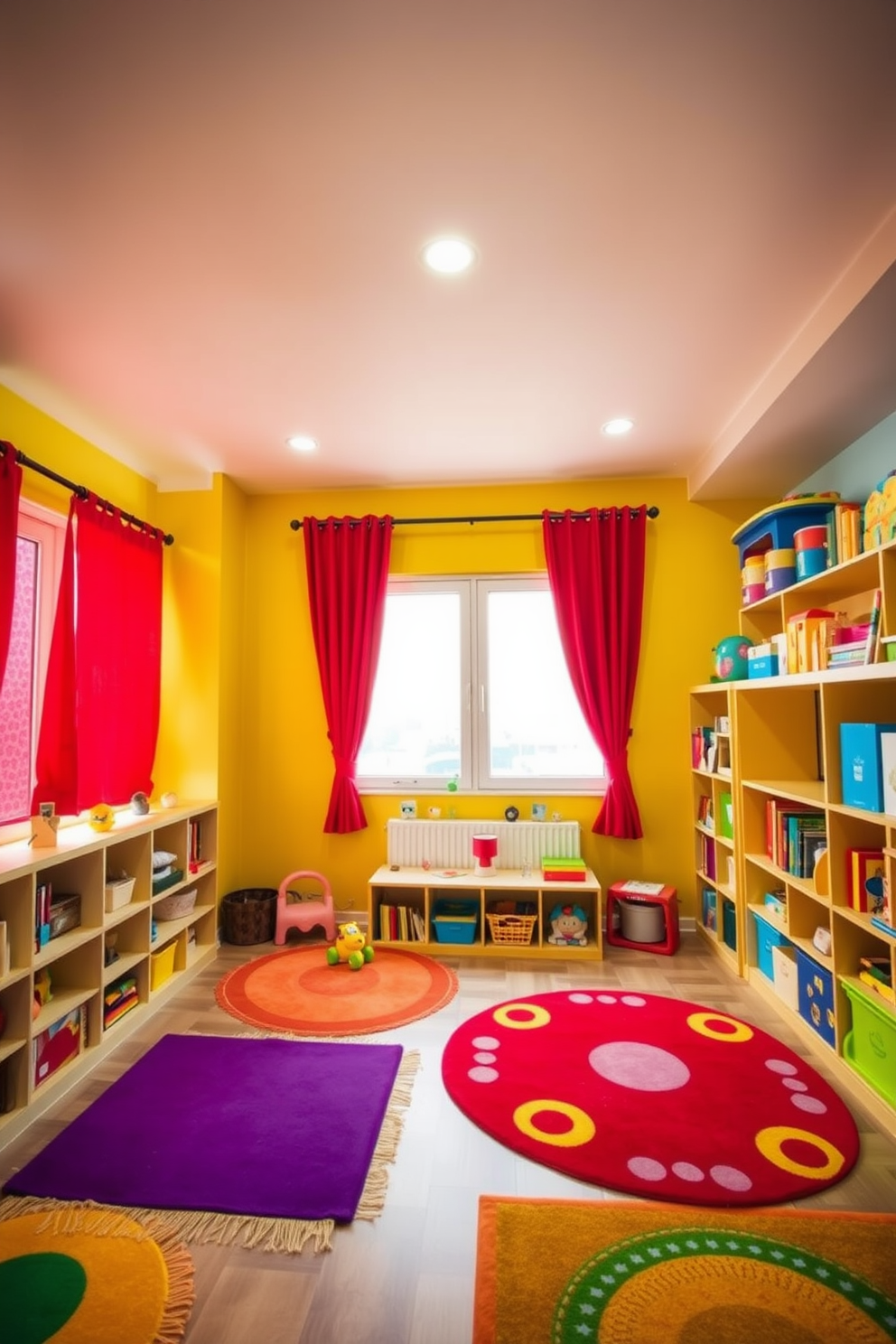 A vibrant playroom filled with energy and imagination. The walls are painted in a cheerful yellow, complemented by bold red curtains that frame the windows, creating a playful atmosphere. Colorful rugs scatter across the floor, providing a soft space for play. Shelves are filled with an array of toys and books, inviting creativity and exploration.