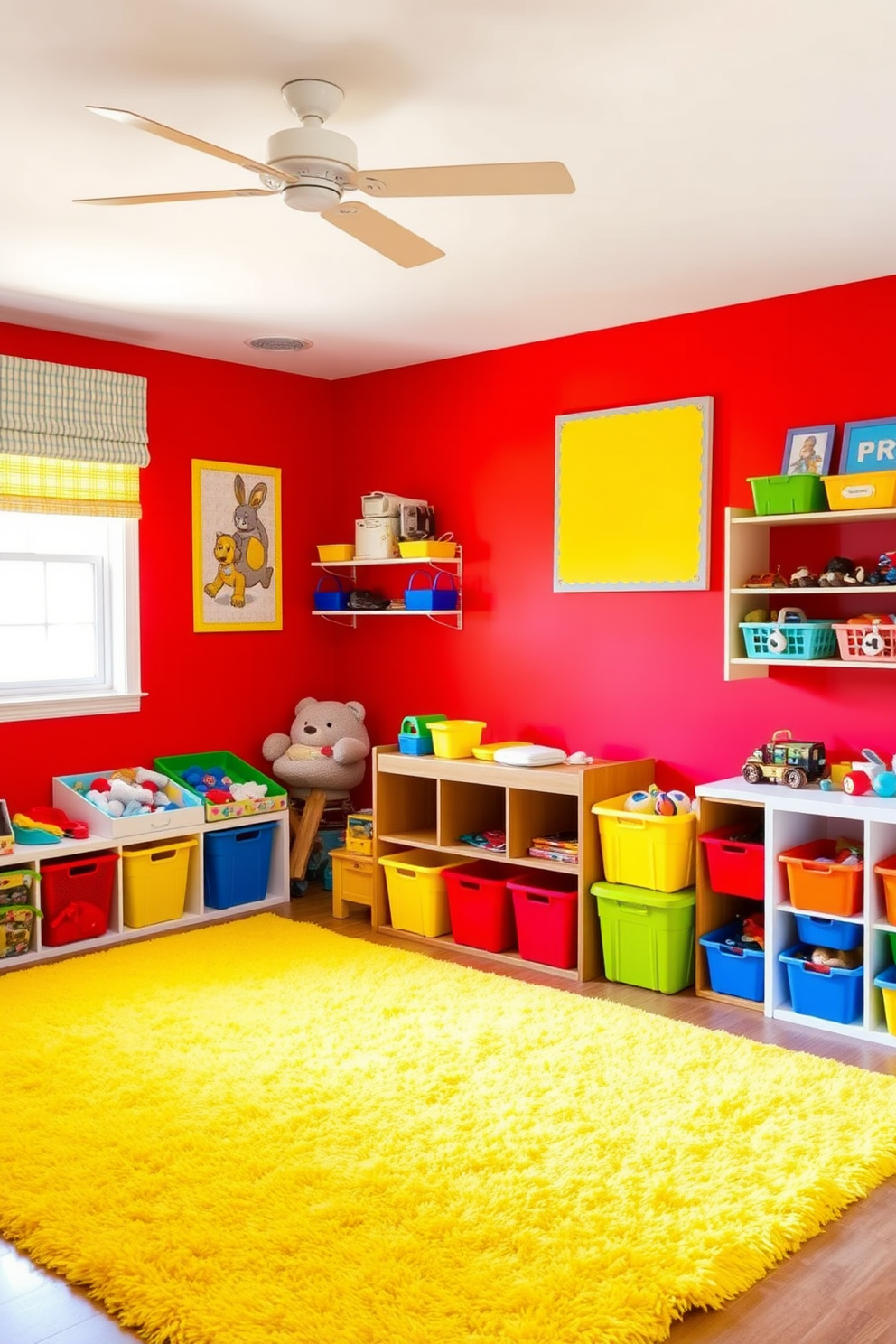 A vibrant playroom filled with energy and creativity. The walls are painted in a cheerful red, complemented by bright yellow accents throughout the space. A large, soft yellow rug covers the floor, providing a comfortable area for play. Colorful storage bins in various shapes and sizes are neatly arranged, keeping toys organized and accessible.