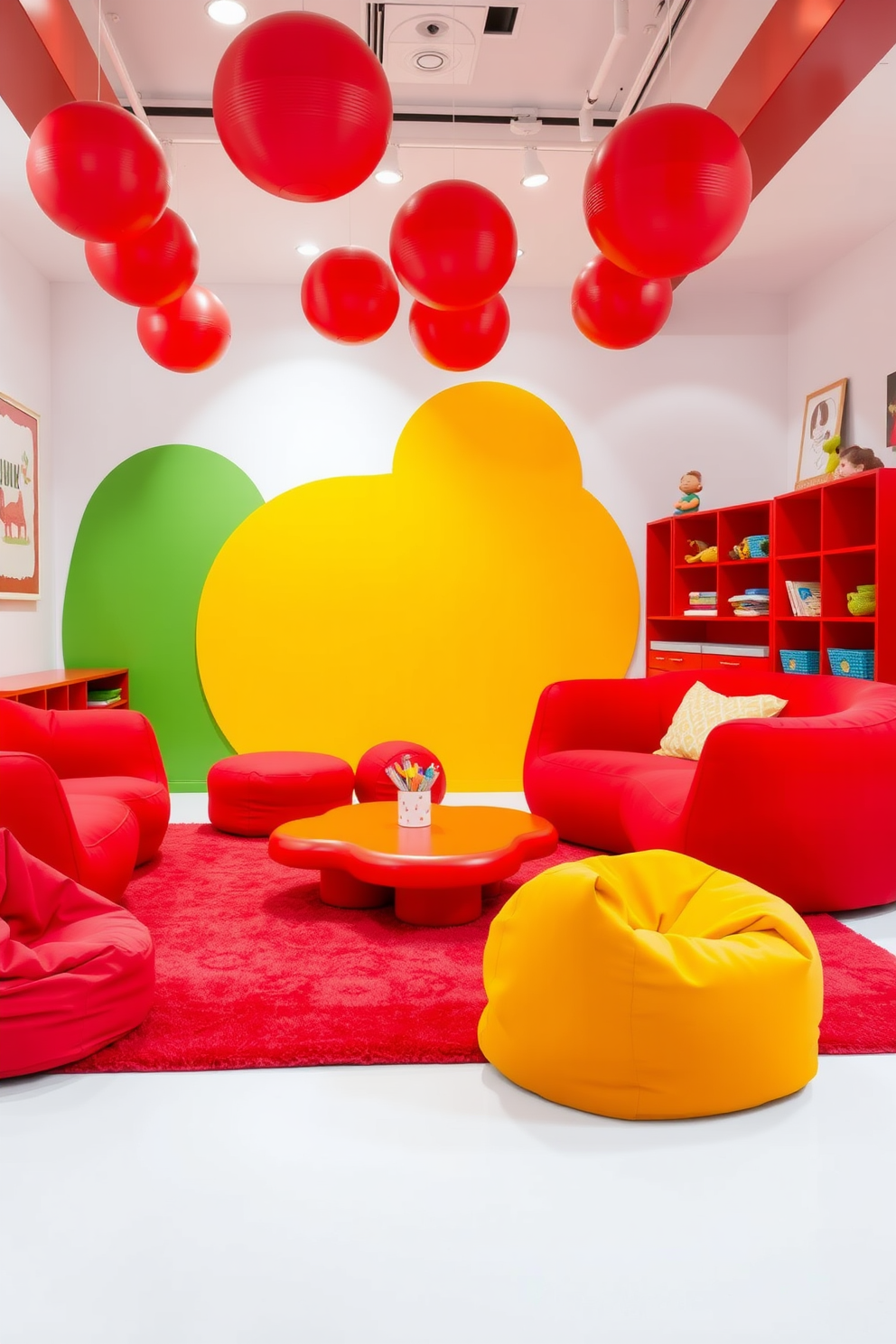 A vibrant playroom filled with red furniture featuring playful shapes and designs. The room includes a whimsical red sofa with rounded edges and oversized cushions, complemented by a playful red coffee table shaped like a cloud. Bright red bean bags are scattered around the space, inviting children to lounge and play. The walls are adorned with cheerful artwork, and a soft red rug anchors the area, creating a cozy atmosphere for imaginative play.