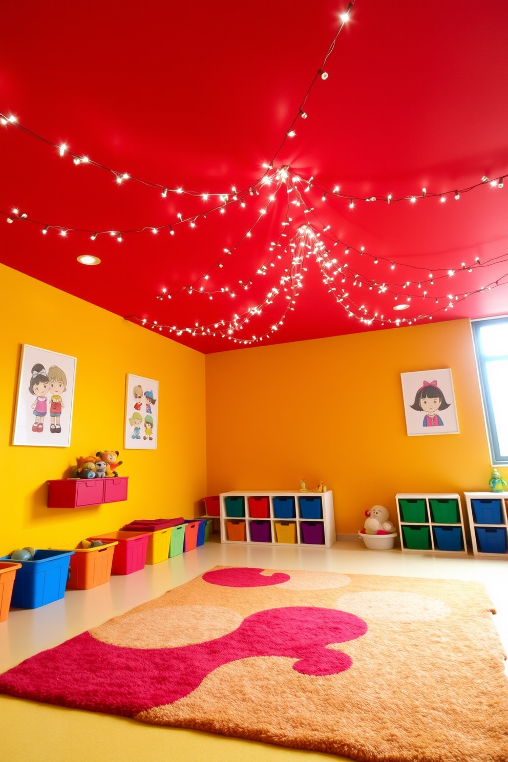 A vibrant playroom with a striking red ceiling adorned with twinkling fairy lights. The walls are painted in a playful shade of yellow, and colorful storage bins are scattered throughout the space. A large, soft area rug in bright colors covers the floor, providing a cozy spot for play. Fun artwork featuring cartoon characters hangs on the walls, adding to the cheerful atmosphere.