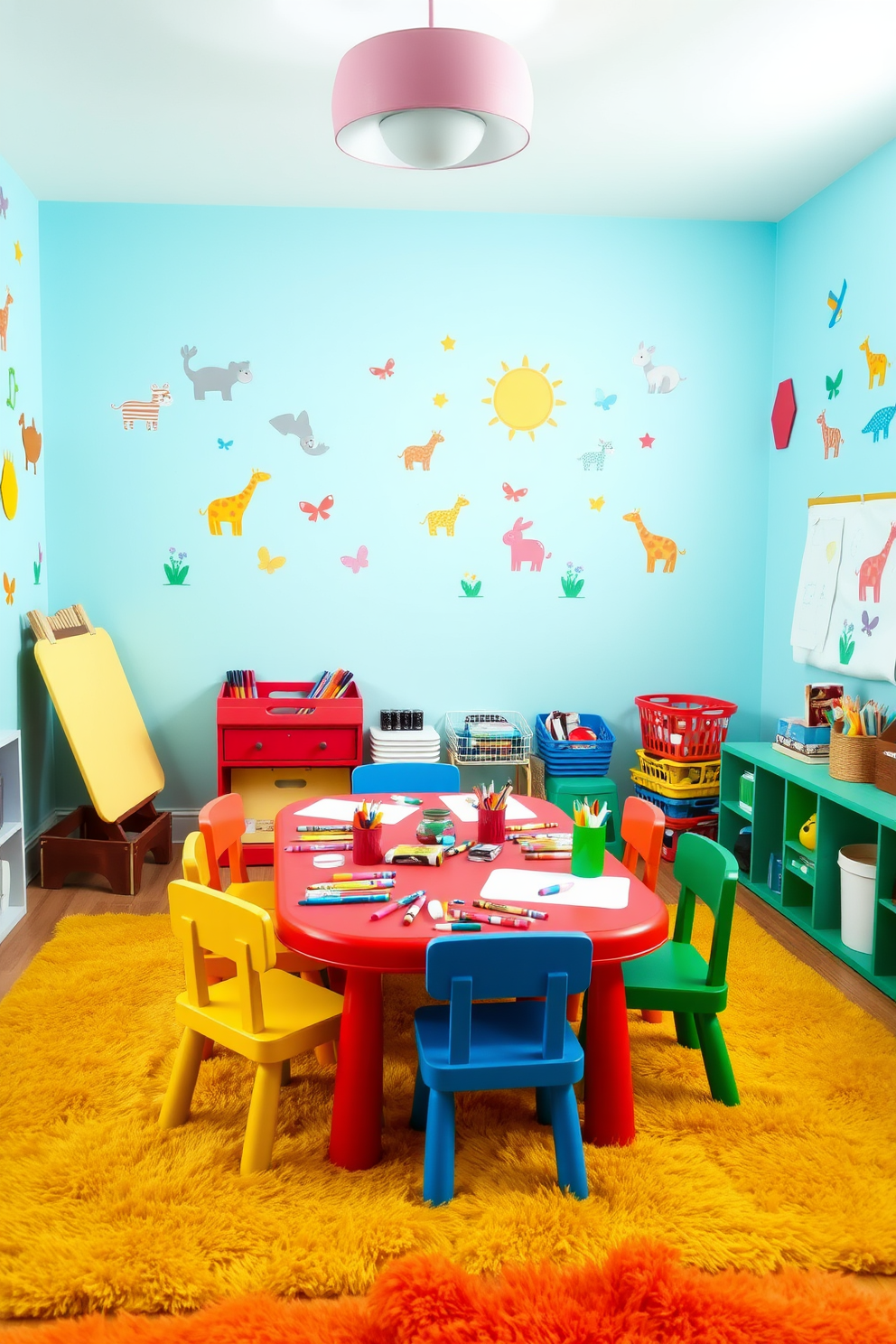 A vibrant playroom filled with energy and creativity. The focal point is a red play table surrounded by colorful chairs, adorned with various art supplies like crayons, markers, and paints. The walls are painted in a cheerful light blue, complemented by playful wall decals of animals and shapes. Soft, plush rugs in bright colors cover the floor, providing a comfortable space for children to play and explore their artistic talents.