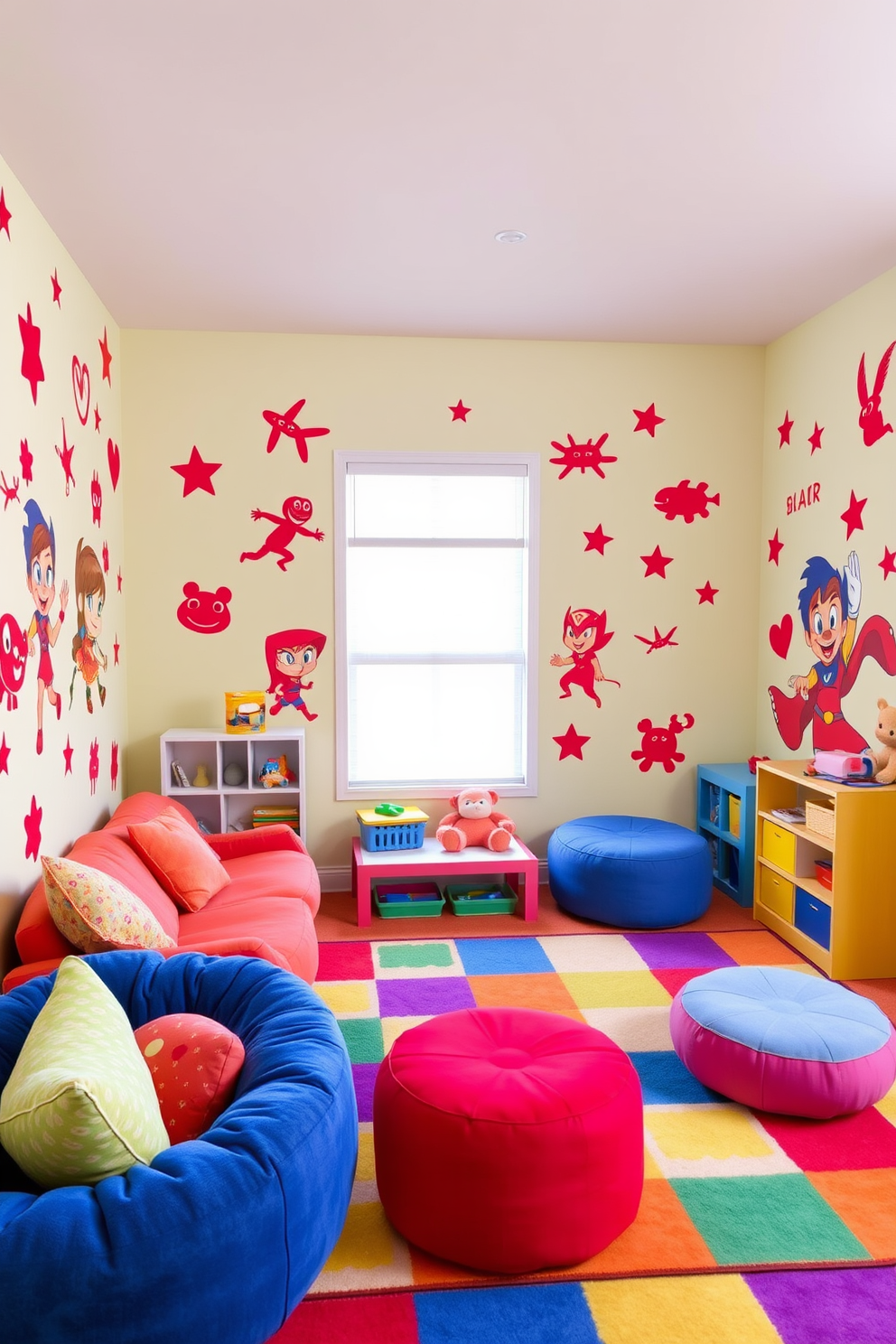 A vibrant playroom filled with energy and creativity. The walls are adorned with red wall decals featuring favorite characters, bringing joy and excitement to the space. Soft, plush seating options in bright colors create a welcoming atmosphere. A large, colorful rug covers the floor, providing a comfortable area for play and activities.