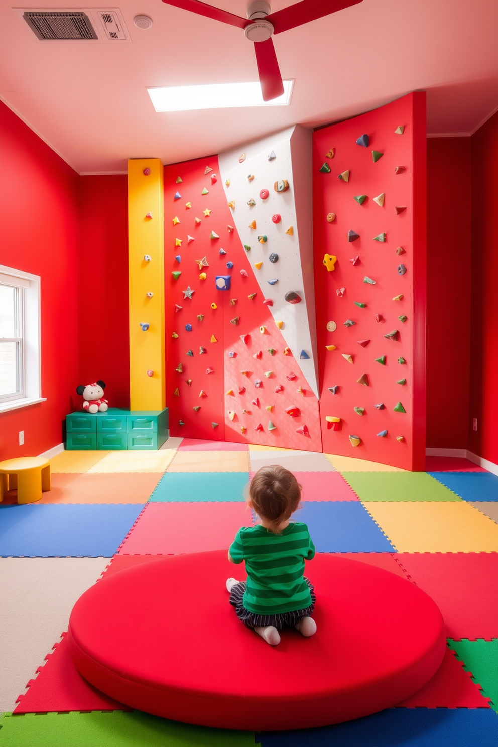 A vibrant playroom featuring a red climbing wall that encourages active playtime for children. The walls are painted in a cheerful red hue, complemented by soft, colorful mats on the floor for safety and comfort. The space includes various climbing holds and textures on the wall, creating an engaging environment for kids to explore. Brightly colored furniture and playful decor enhance the overall fun and energetic atmosphere of the room.