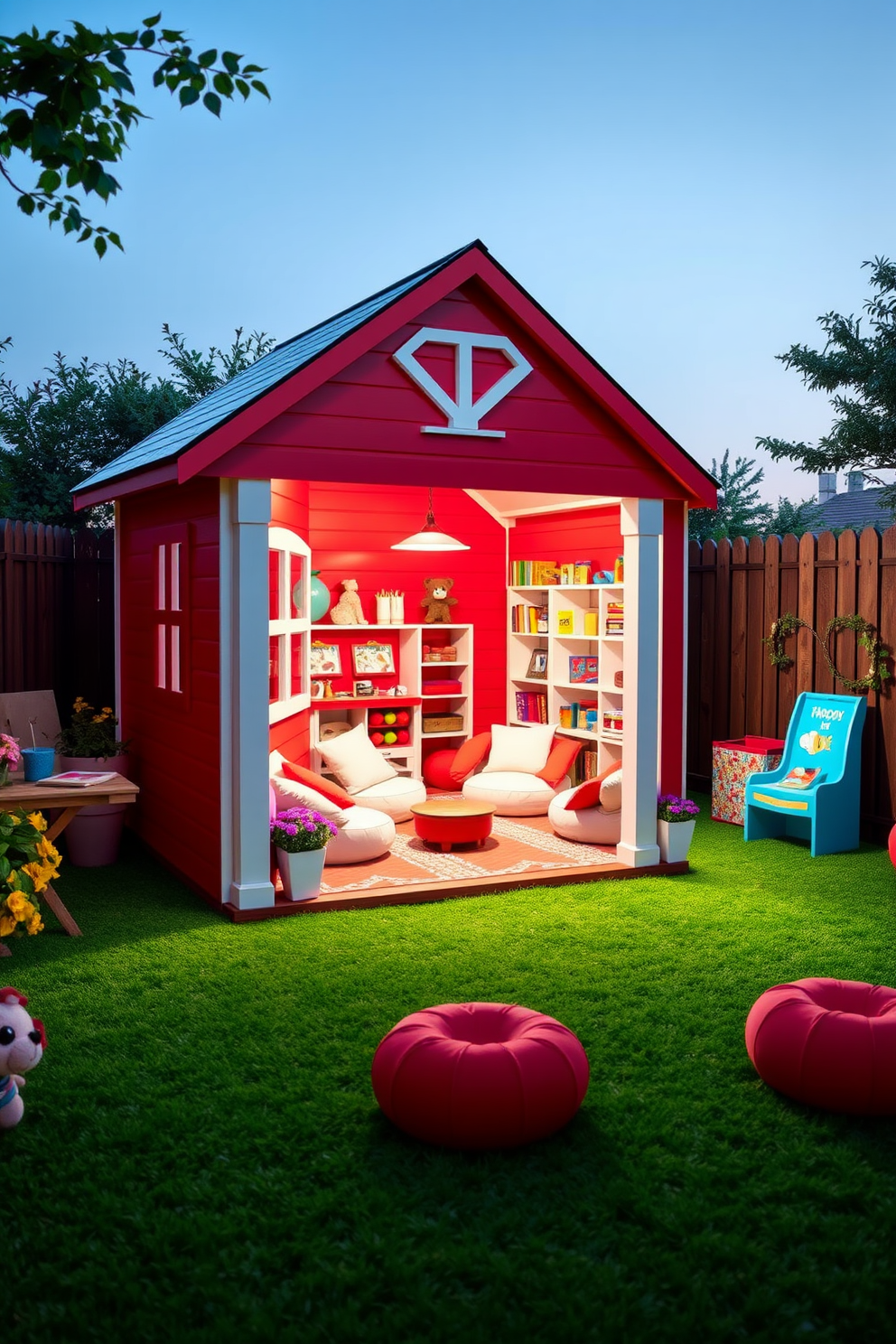 A vibrant outdoor playhouse designed with a playful red theme. The structure features a whimsical design with a sloped roof, large windows, and a front porch adorned with colorful flowers. Inside, the playroom is filled with soft red and white furnishings, including bean bags and a cozy reading nook. Brightly colored toys and games are neatly organized on shelves, creating an inviting space for imaginative play.