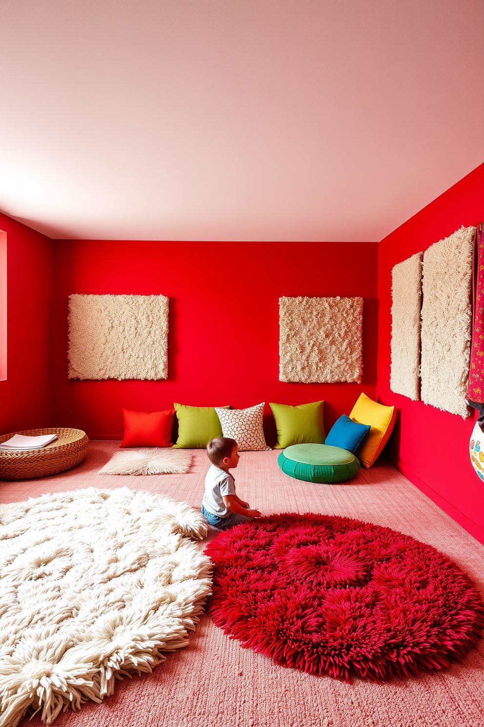 A vibrant playroom designed for sensory exploration. The walls are painted in a rich red hue, creating an energizing atmosphere filled with various textures and materials. Soft plush rugs cover the floor, inviting children to sit and play. Textured wall panels and colorful cushions add depth and tactile interest to the space.