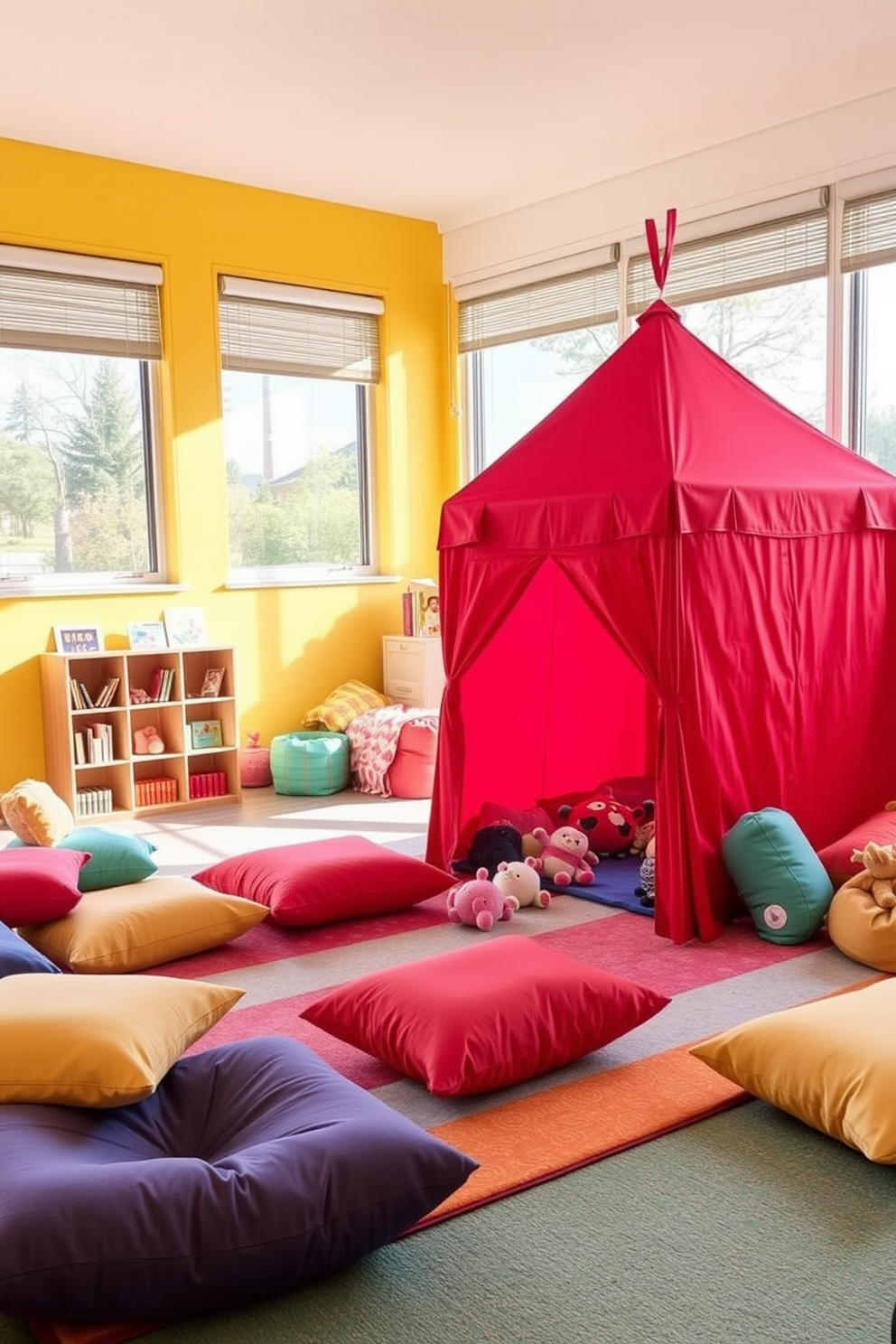 A bright red play tent is set up in a vibrant playroom filled with colorful cushions and plush toys. The walls are painted in a cheerful yellow, and a soft, multicolored rug covers the floor, inviting children to sit and play. In one corner, a small bookshelf displays an array of children's books, while a cozy bean bag chair offers a comfortable reading spot. Natural light streams in through large windows, creating a warm and inviting atmosphere for imaginative adventures.