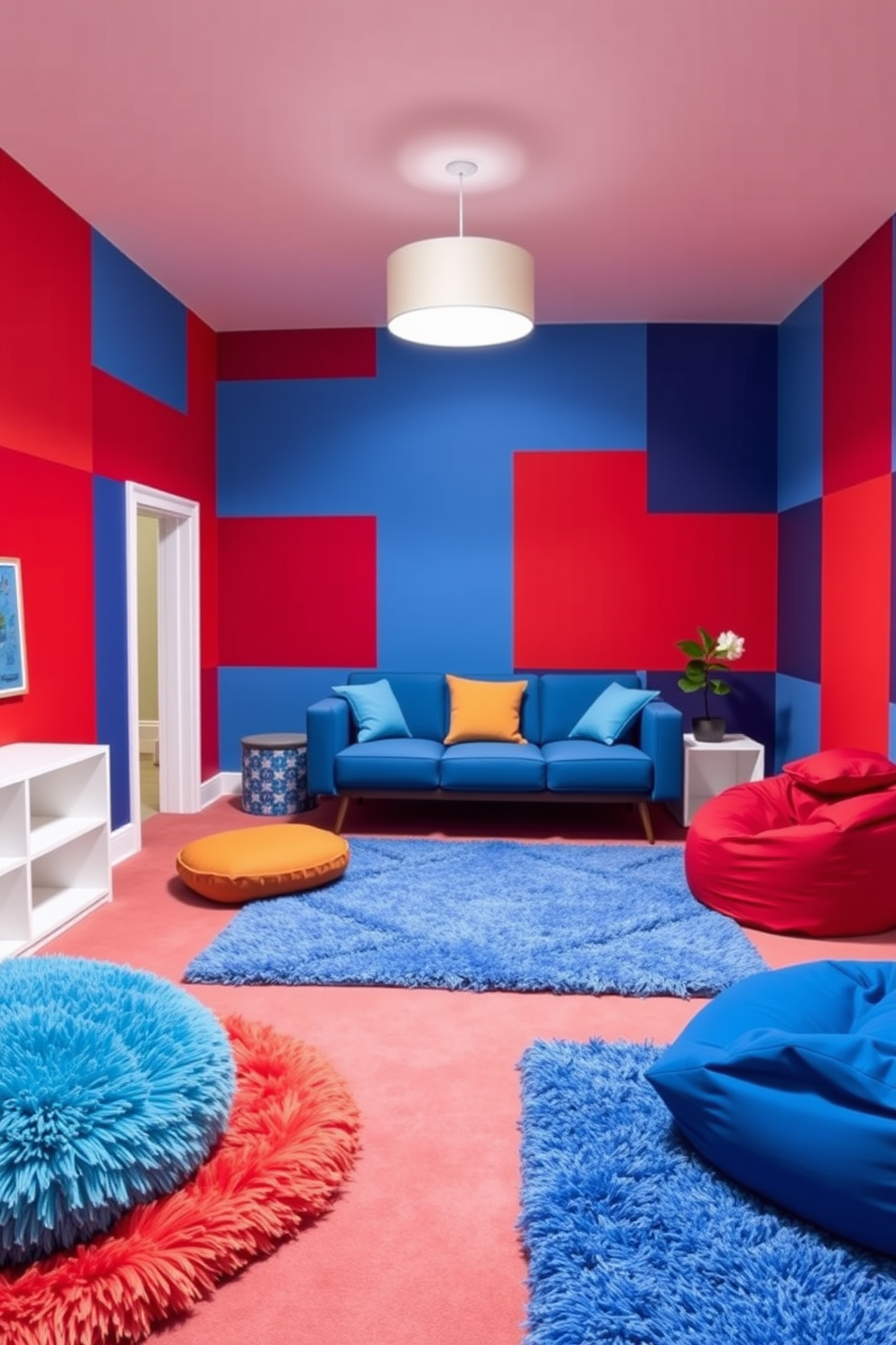 A vibrant playroom featuring a striking red and blue color block design. The walls are painted in alternating blocks of red and blue, creating an energetic atmosphere. Soft, plush area rugs in complementary colors provide a cozy play surface. Brightly colored furniture, including a blue sofa and red bean bags, invites relaxation and fun.