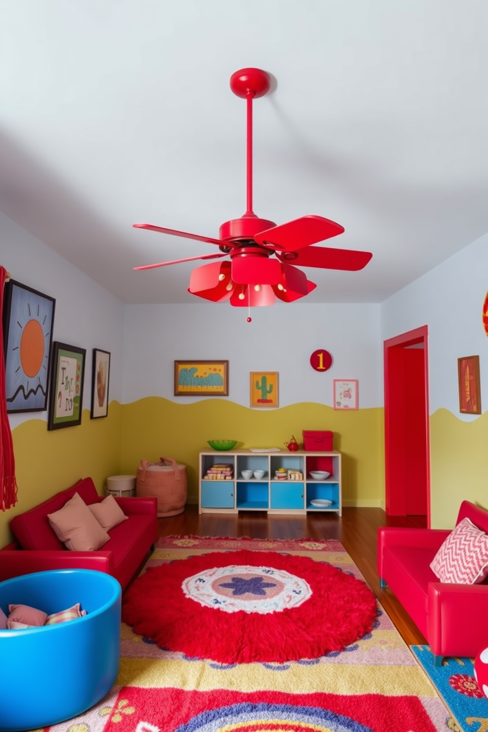 A whimsical red ceiling fan hangs from the ceiling, adding a playful touch to the vibrant space. The walls are adorned with cheerful art, and colorful rugs cover the floor to create a cozy atmosphere. In this imaginative playroom, bright red accents complement the playful decor. Soft seating areas are filled with plush cushions, inviting children to engage in creative play.