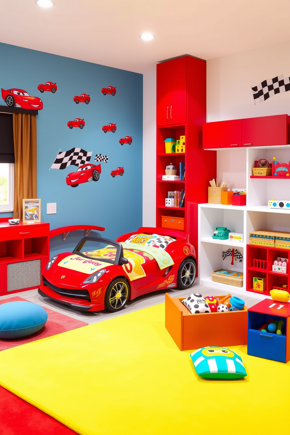 A vibrant sleeping area featuring a red toy car bed that sparks imagination and fun. The bed is adorned with colorful bedding and surrounded by playful wall decals of racing cars and checkered flags. A whimsical playroom designed with bold red accents and interactive play zones. The room includes soft play mats, a cozy reading nook, and shelves filled with toys and games, all set against a cheerful backdrop.