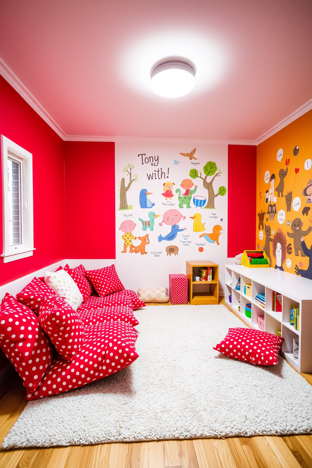 A vibrant playroom filled with energy and creativity. The room features a cozy seating area adorned with red and white polka dot cushions scattered across a soft area rug. Brightly colored walls in shades of red and yellow create a cheerful atmosphere. A playful mural of whimsical characters covers one wall, inspiring imagination and fun.